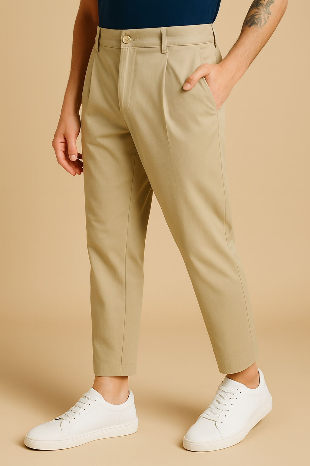 Beige Relaxed Fit Cotton Blend Trousers