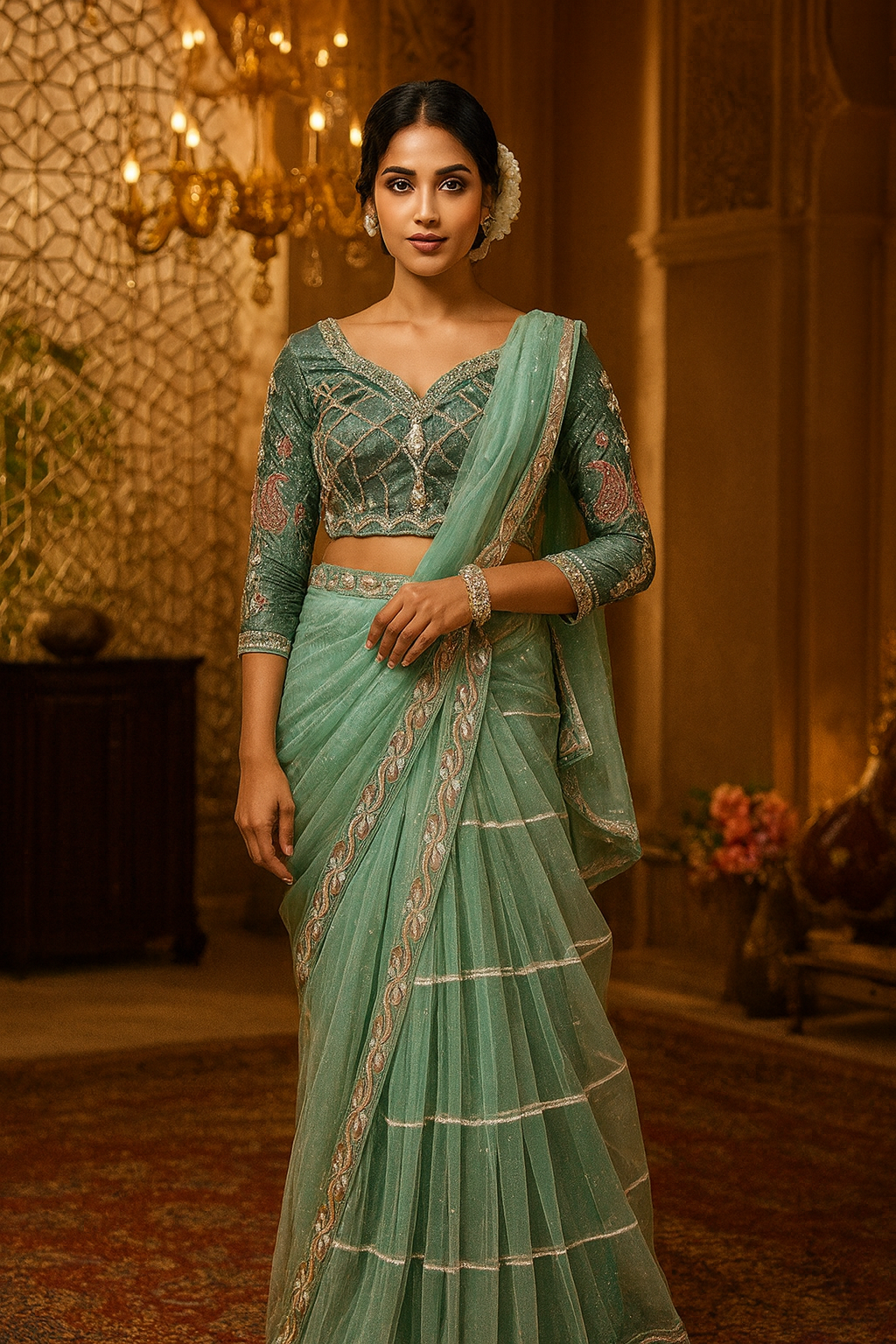 Pearl Embellished Net Saree with Embroidered Blouse Piece