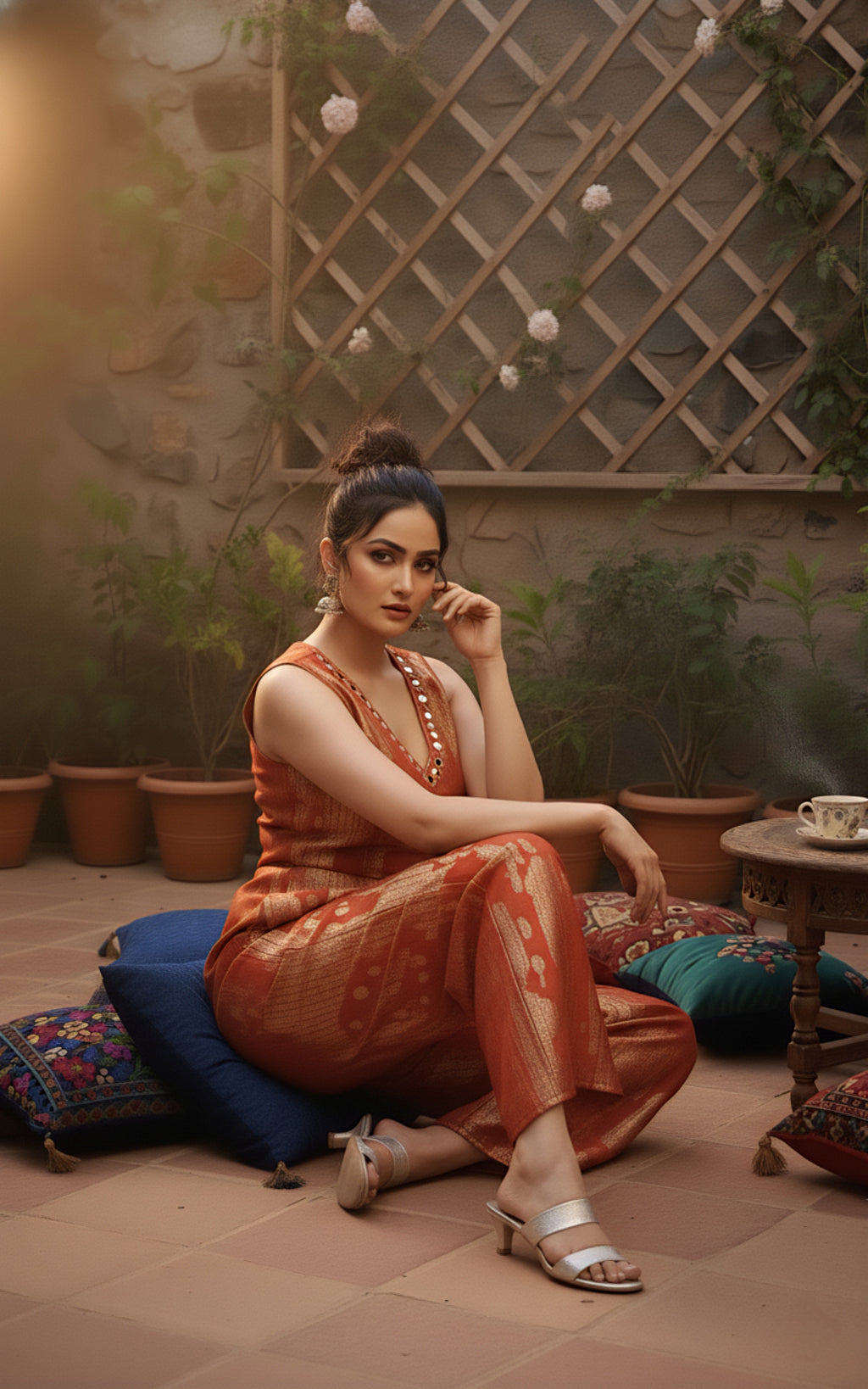 Rust Gold Designer Jumpsuit with Elegant Self Texture