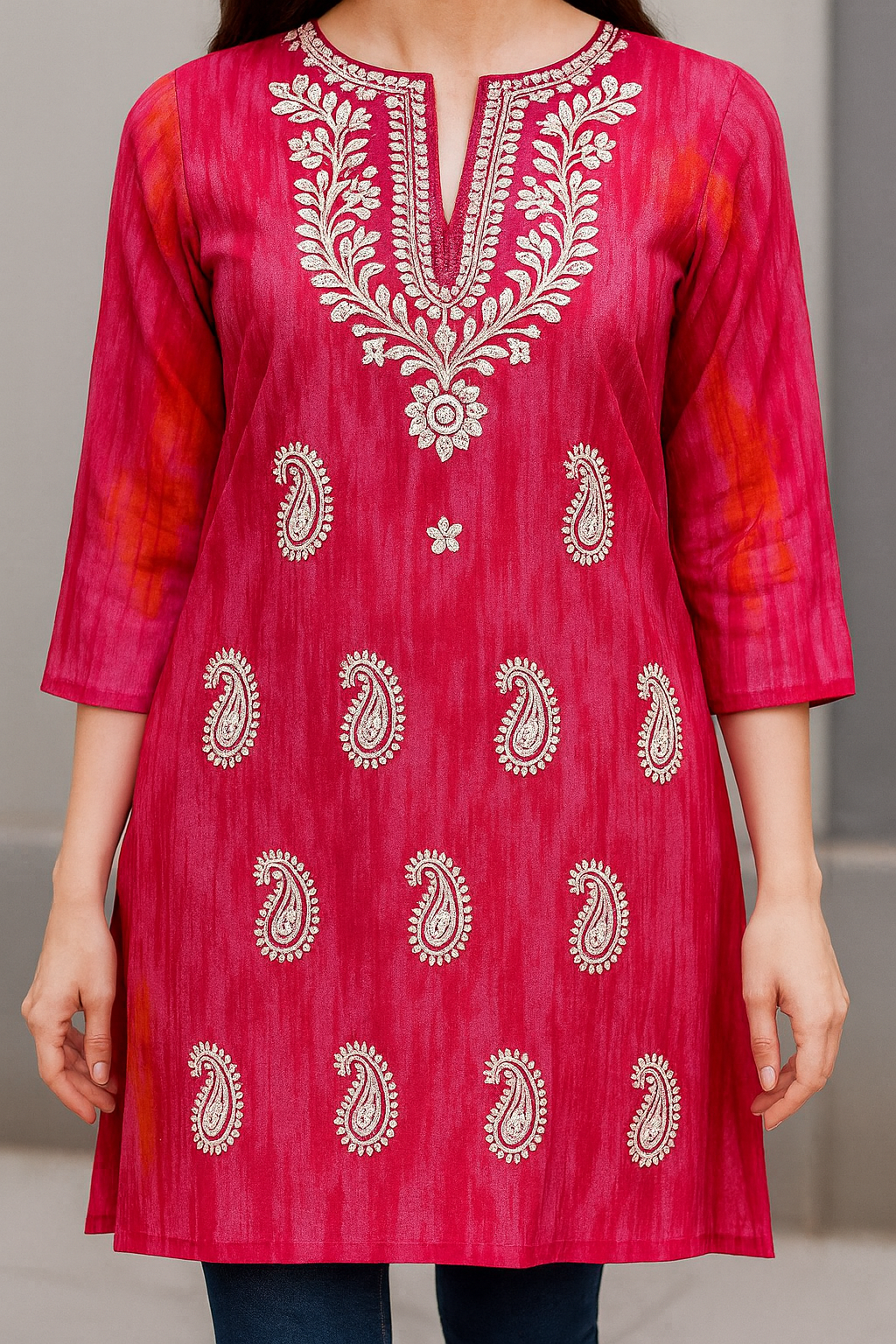 Blush Pink Georgette Kurti with Paisley Chikankari Embroidery