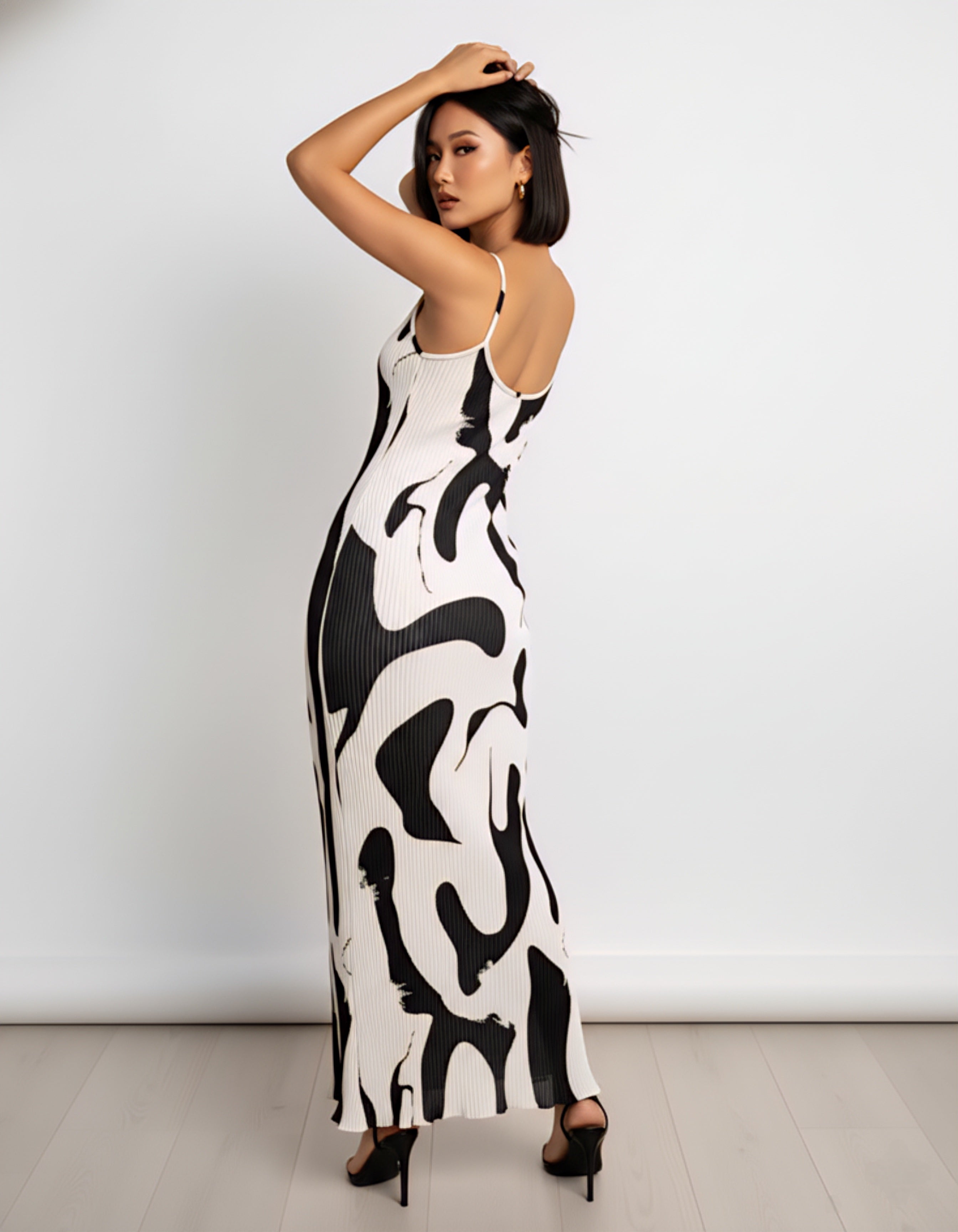 Elegant Graphic Print Thigh-Slit Cami Dress – Summer Designer Collection