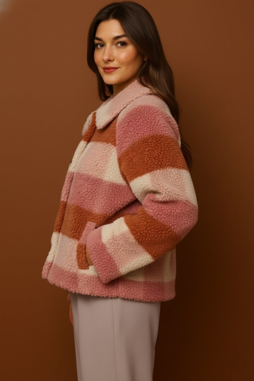 Cozy Check Textured Polyester Jacket with Spread Collar