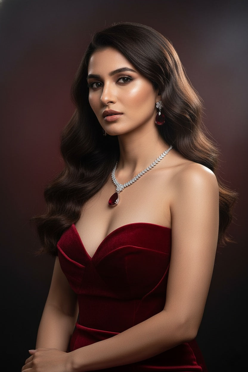 Elegant Silver-Toned Rhodium Finish Necklace & Earrings Set with CZ Stones