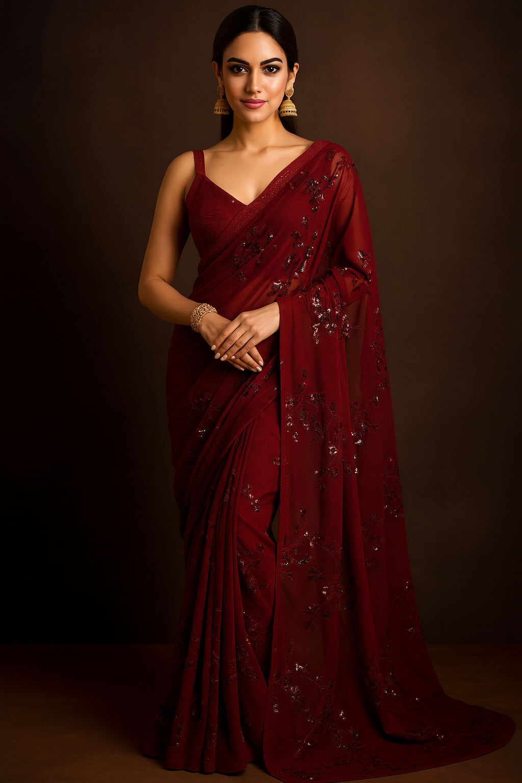 Maroon Pure Georgette Sequin Embellished Saree with Satin Blouse Piece