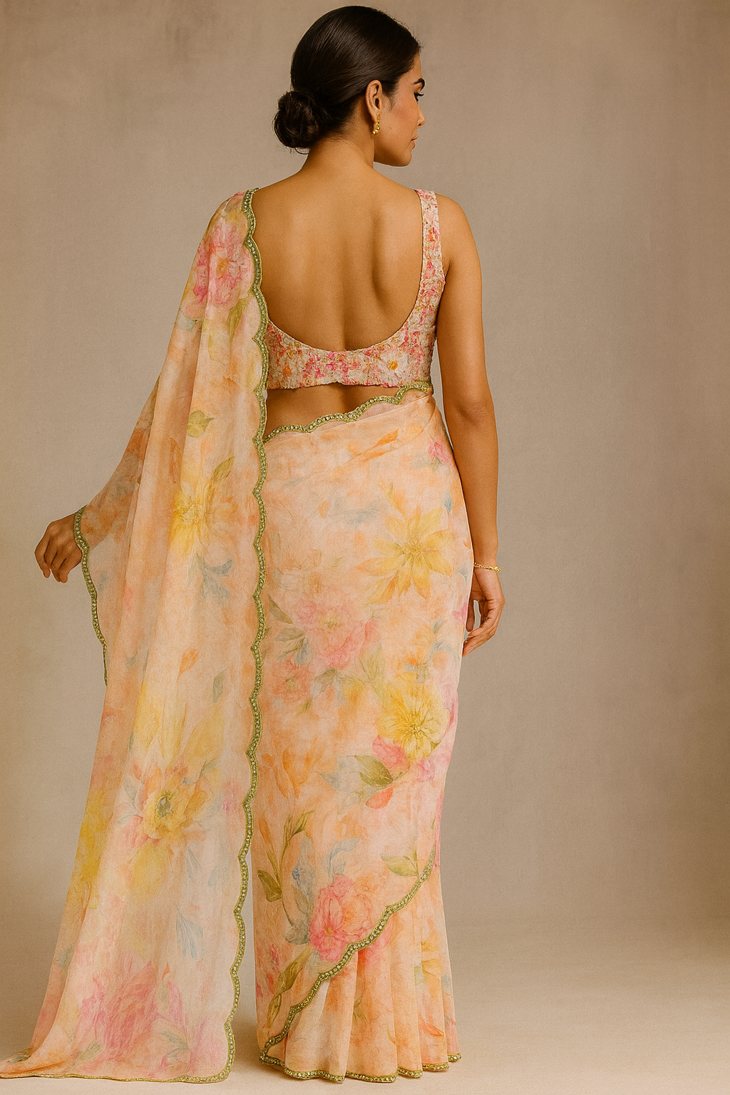 Peach Floral Silk Blend Saree with Embellished Mirror-Work Border