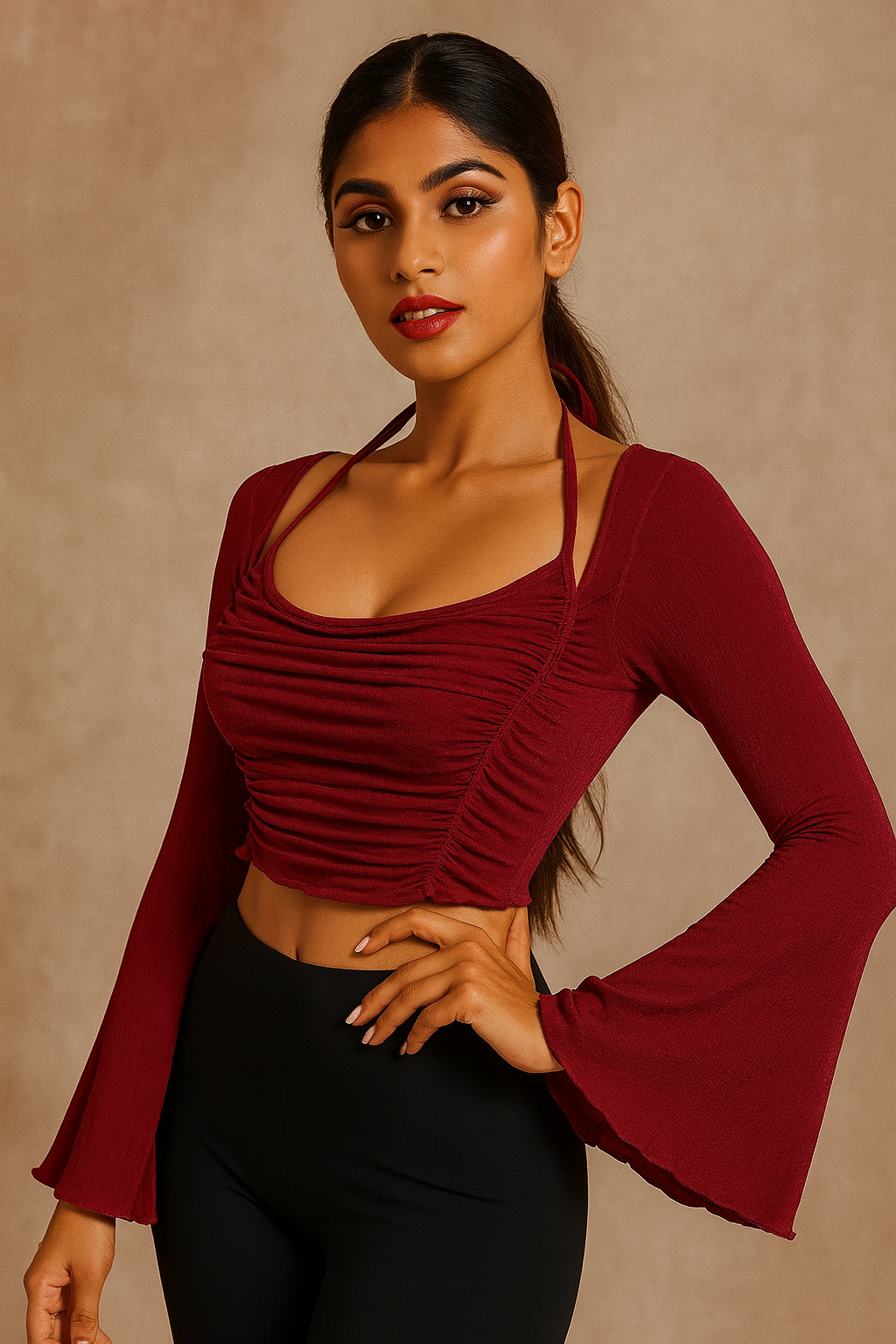 Women’s Maroon Ruched Front Halter Neck Crop Top with Flare Sleeves