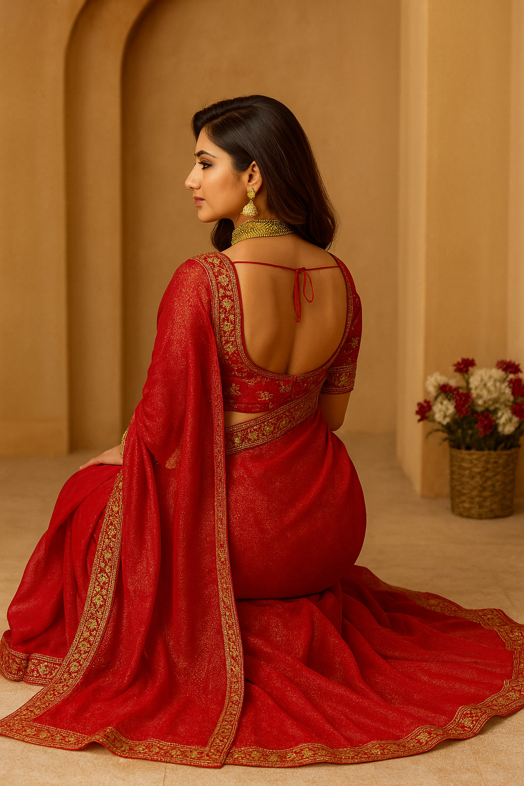 Premium & Festive Luxurious Red Silk Blend Saree Adorned with Golden Embroidery and Sequins