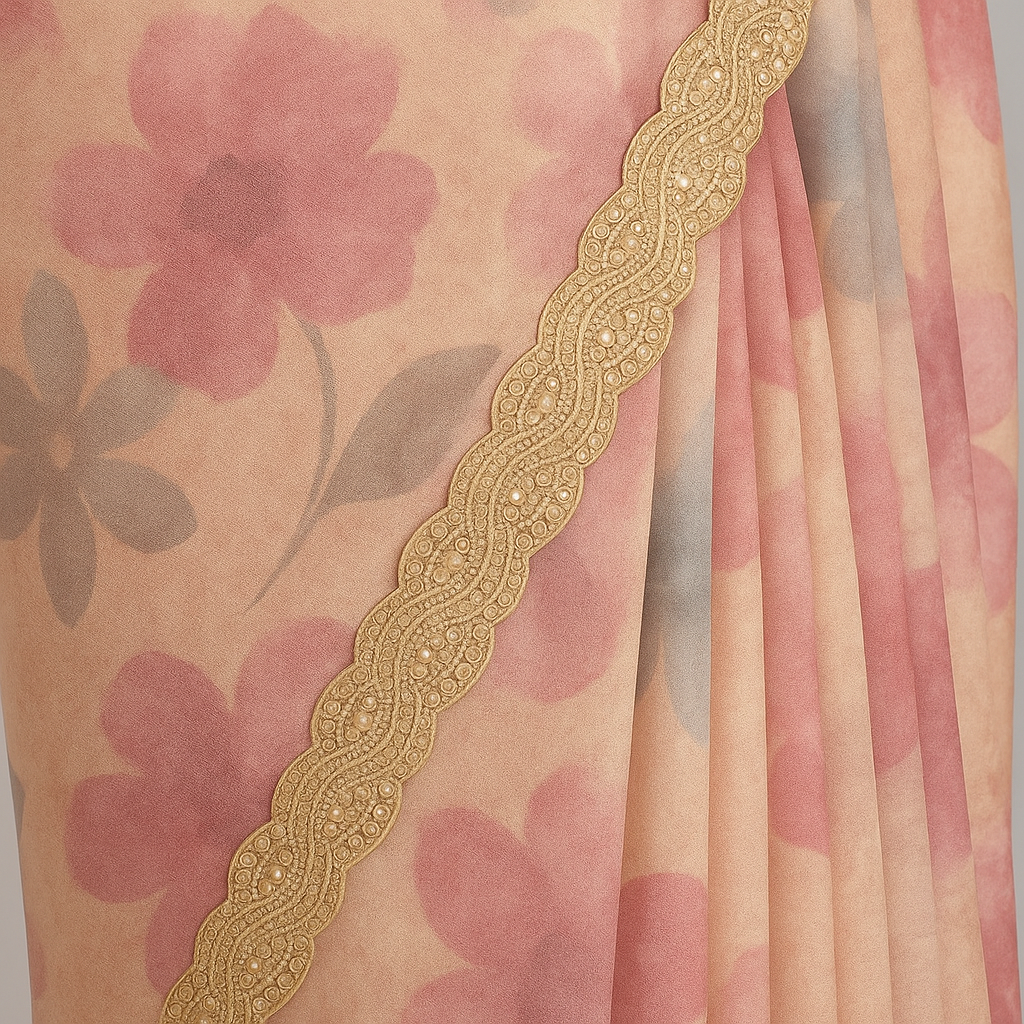 Beige Floral Georgette Saree with Embellished Lace Border
