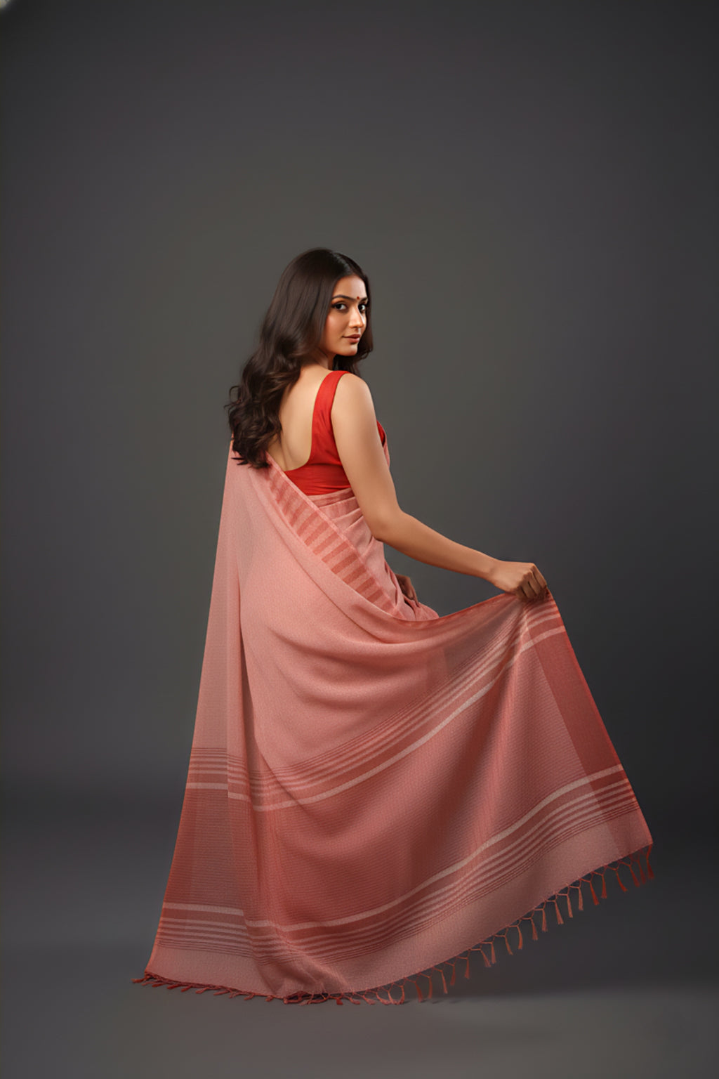 Graceful Red Brasso Saree with Floral Prints & Stylish Striped Edges