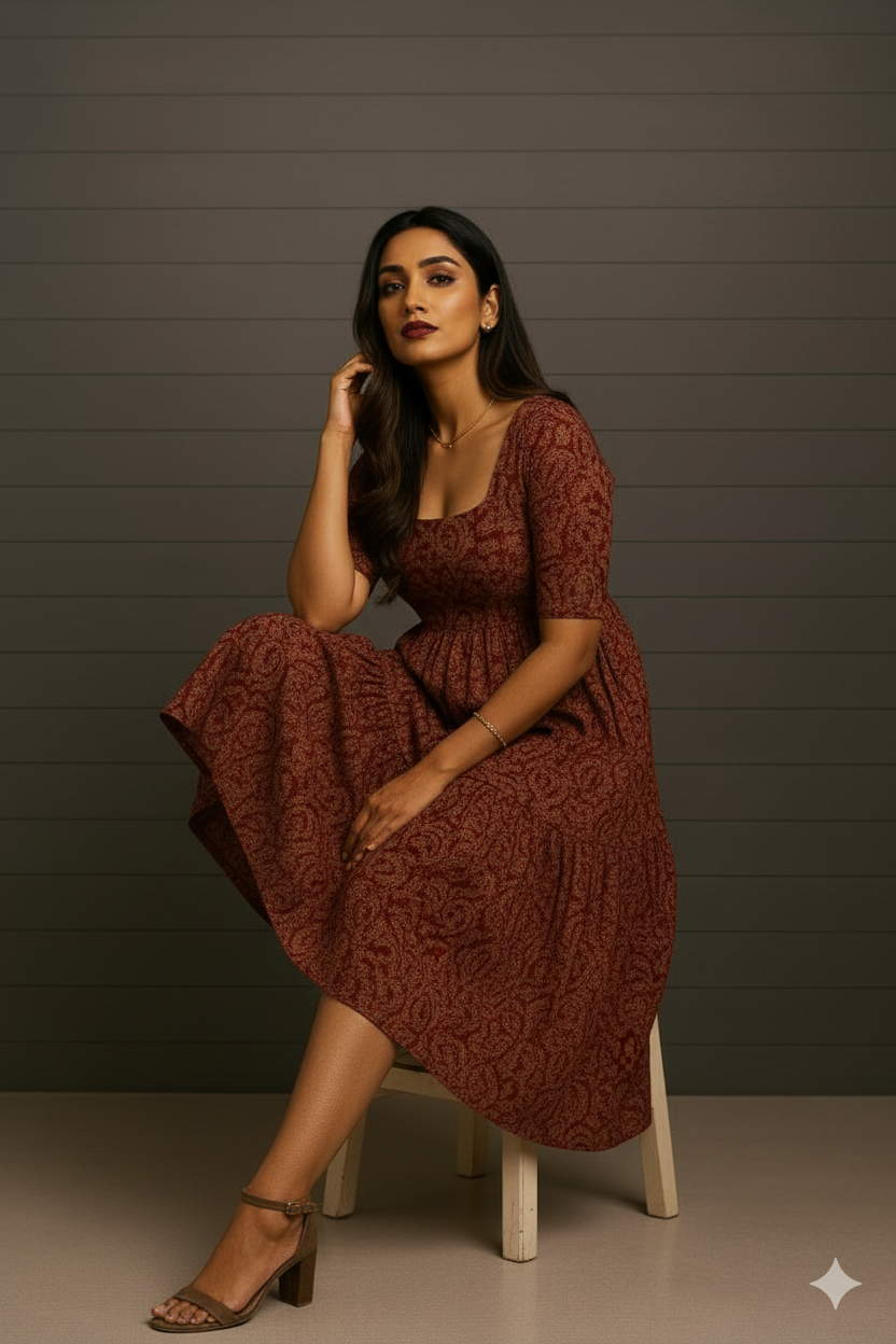 Elegant Maroon Printed Cotton Flared Gown