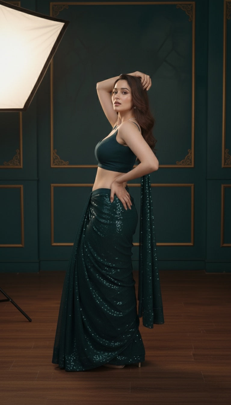 Royal Blue Mirror Work Embellished Poly Georgette Saree