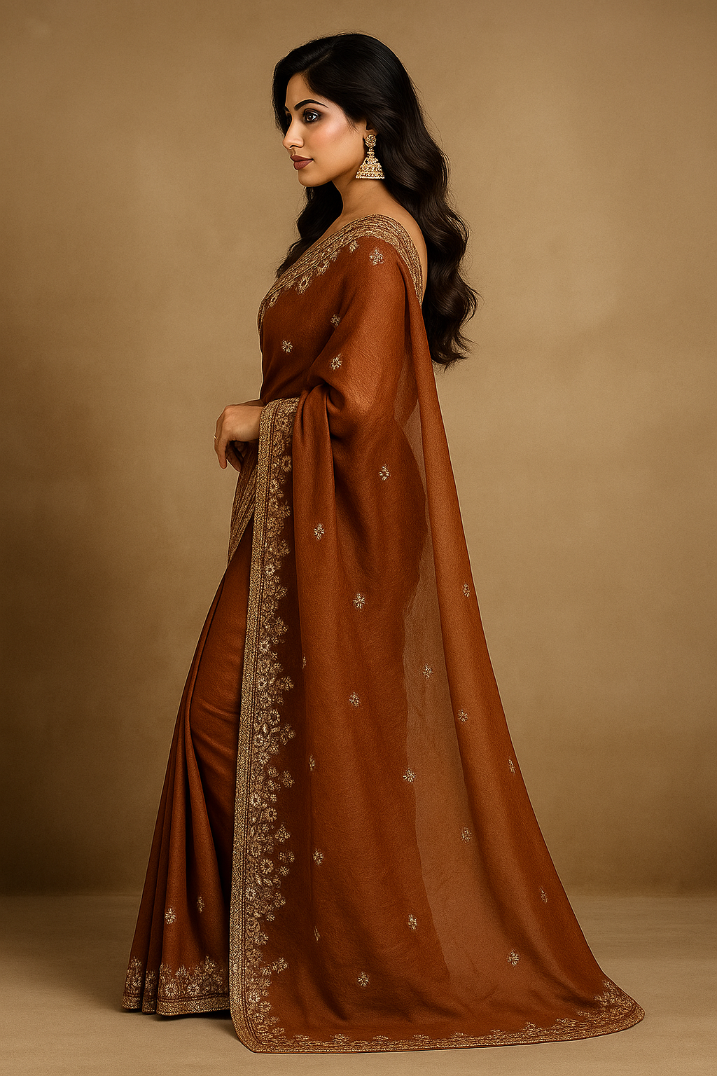 Designer Tissue Saree in Rich Brown & Gold – Celebrity Inspired Look