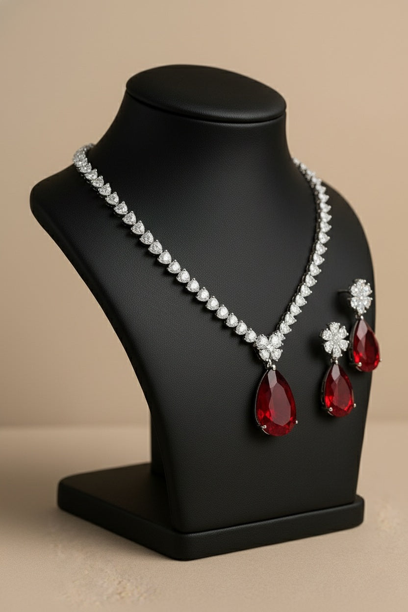 Elegant Silver-Toned Rhodium Finish Necklace & Earrings Set with CZ Stones