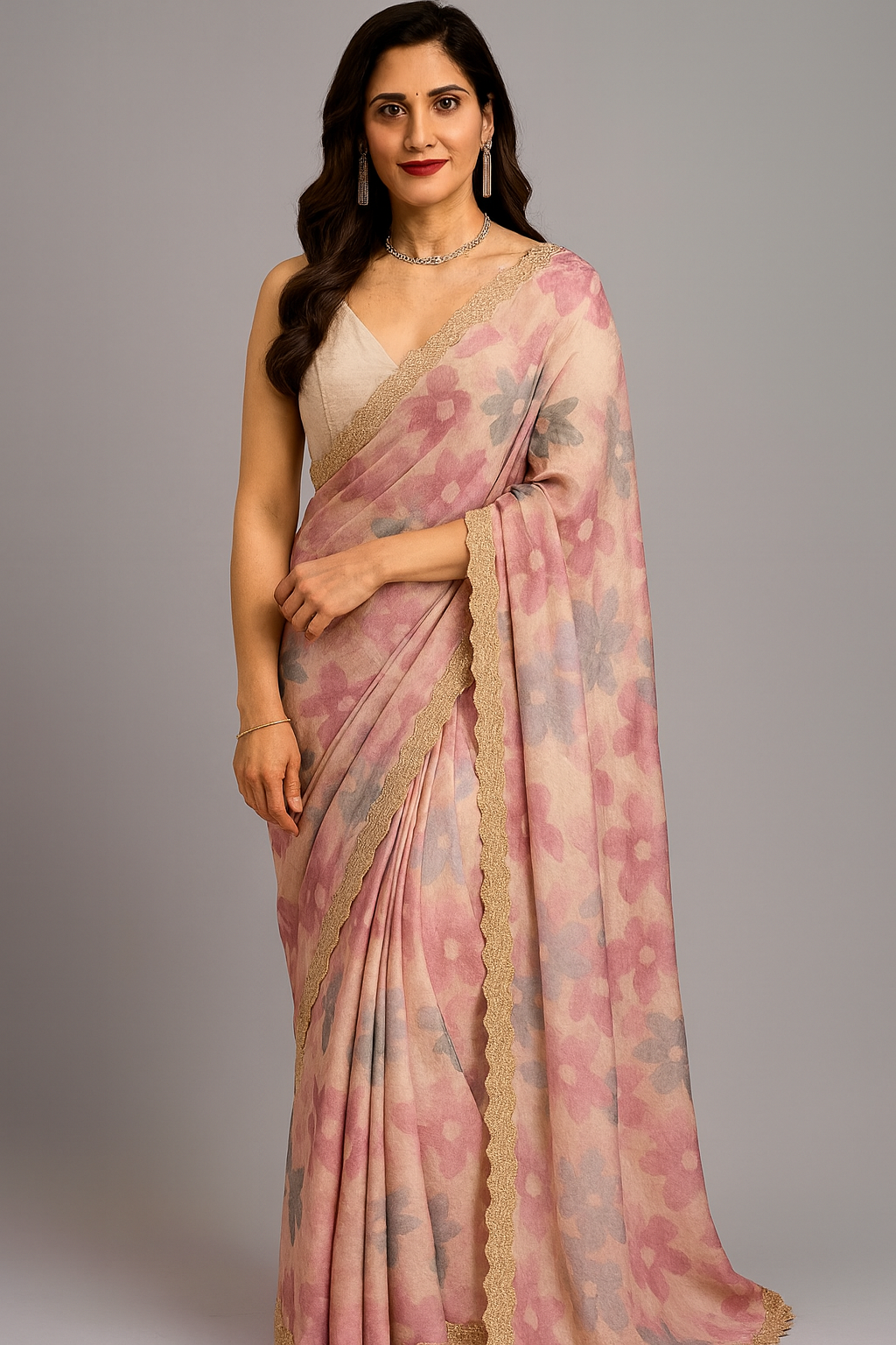 Beige Floral Georgette Saree with Embellished Lace Border