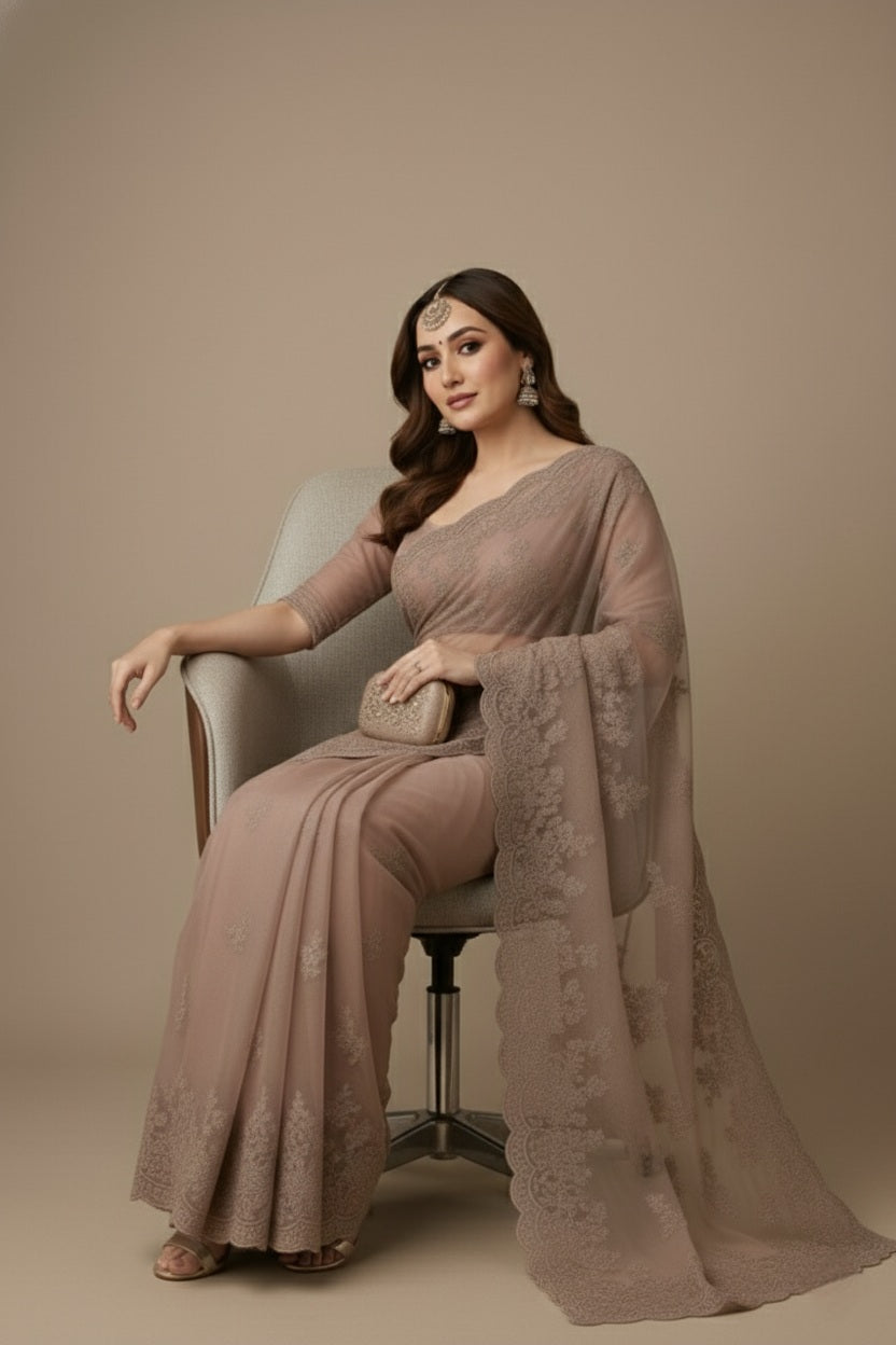 Premium Net Saree in Pink with Intricate Floral Embroidery