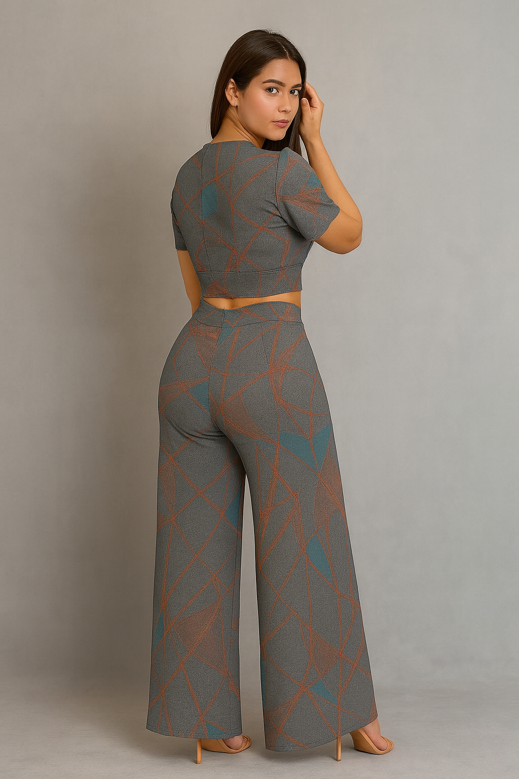 Chic Two-Piece Outfit - Modern Abstract Print Women’s Co-Ord Set | Crop Top & Flared Pants
