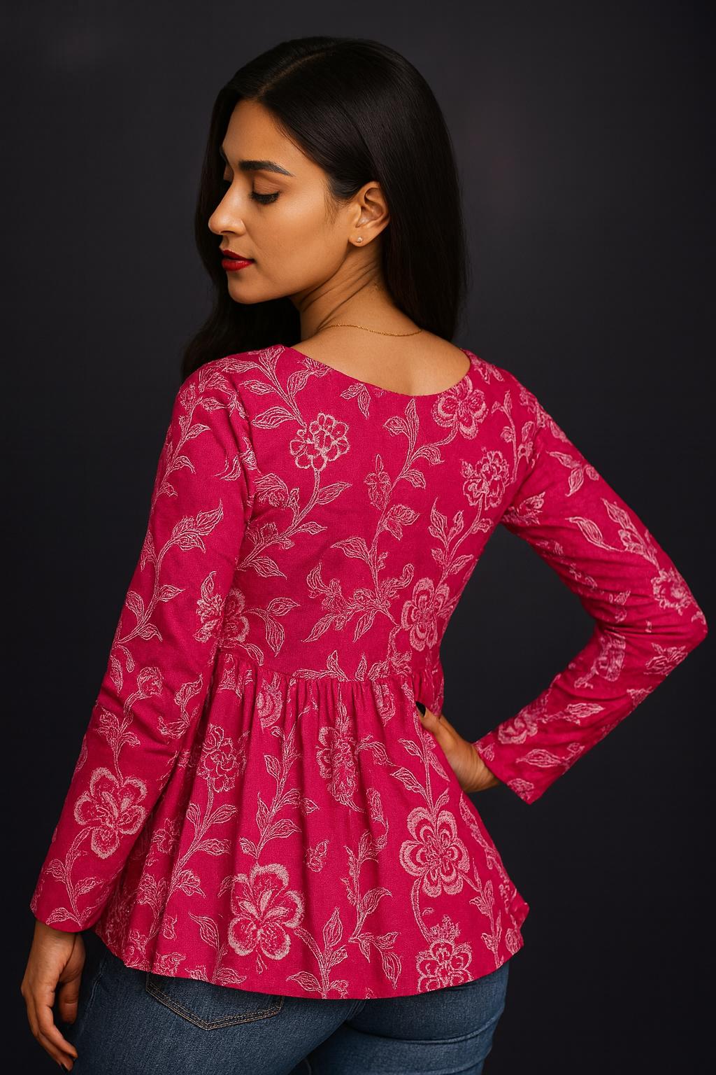 Flared Pink Rayon Floral Print Peplum Top for Women
