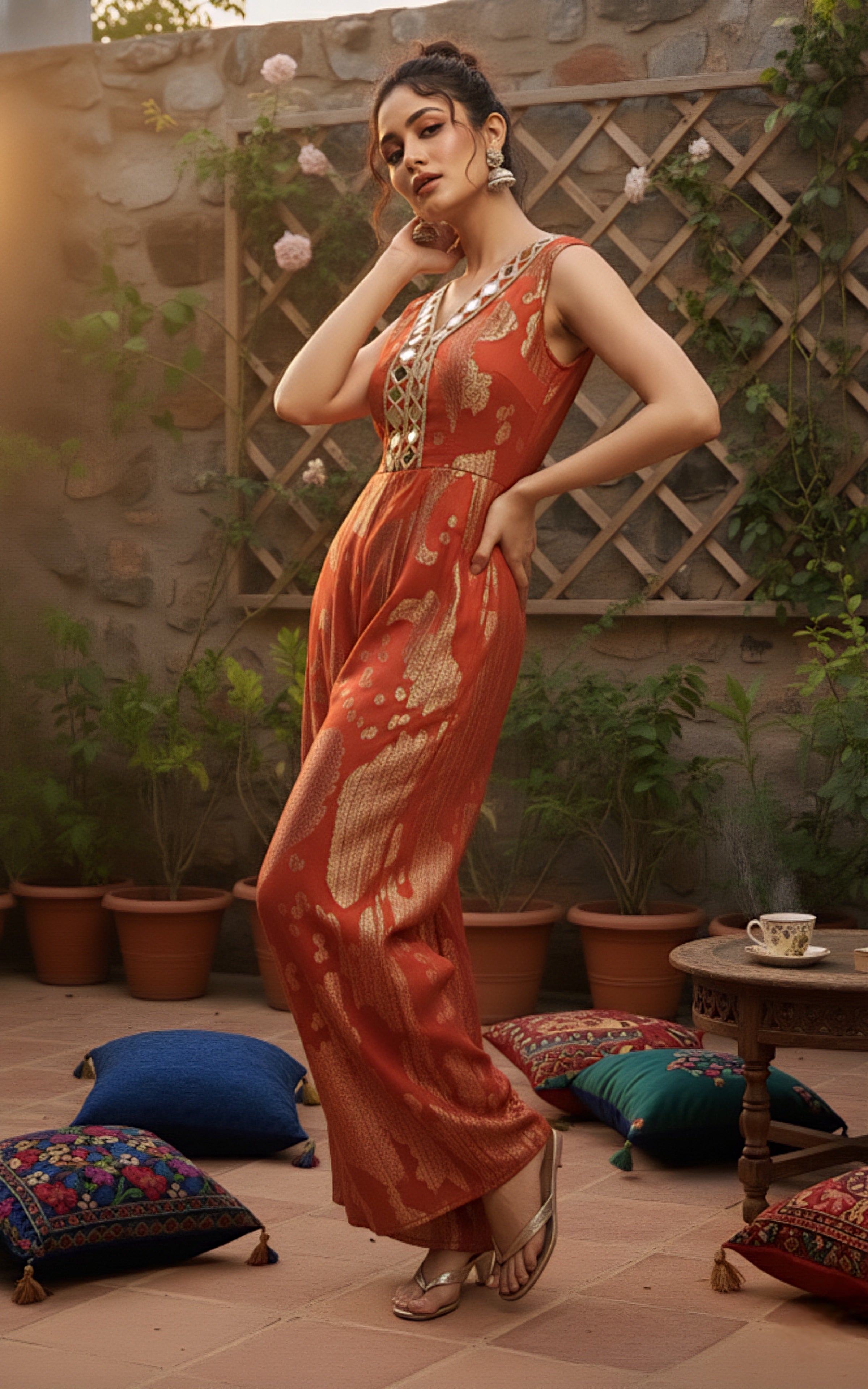 Rust Gold Designer Jumpsuit with Elegant Self Texture