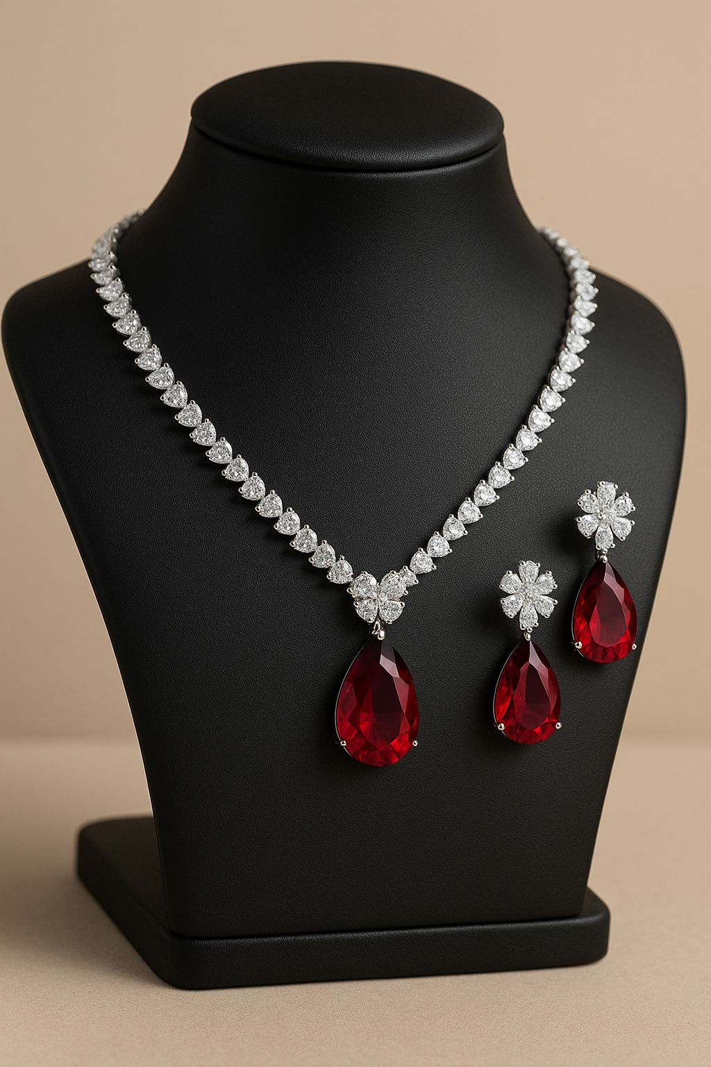 Elegant Silver-Toned Rhodium Finish Necklace & Earrings Set with CZ Stones