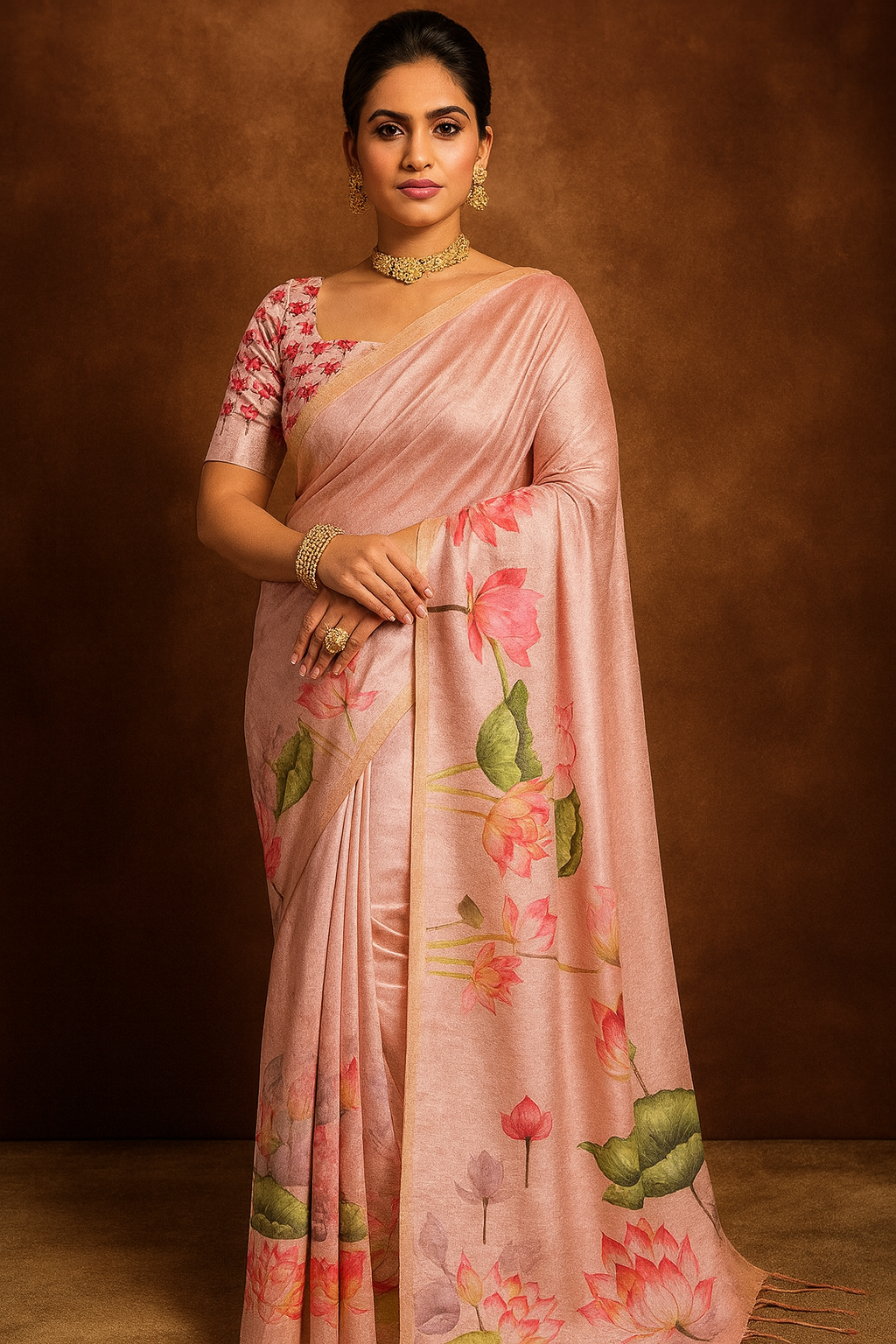 Pastel Pink Ikat Art Silk Saree with Floral Weave & Unstitched Blouse Fabric