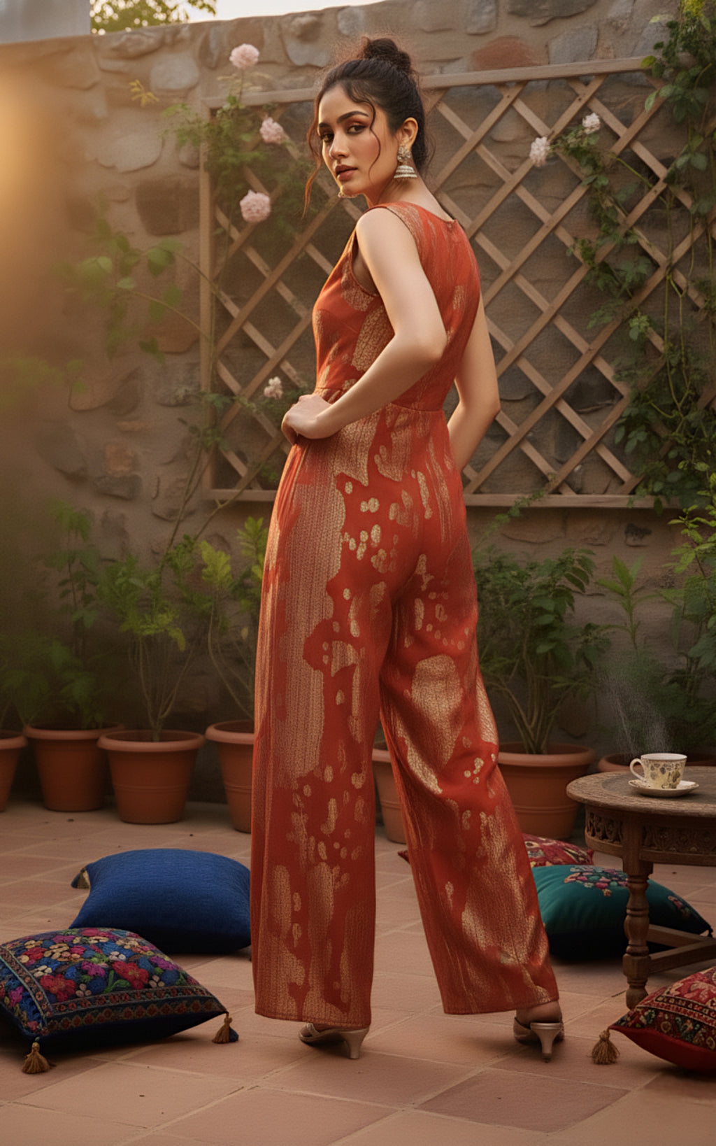 Rust Gold Designer Jumpsuit with Elegant Self Texture