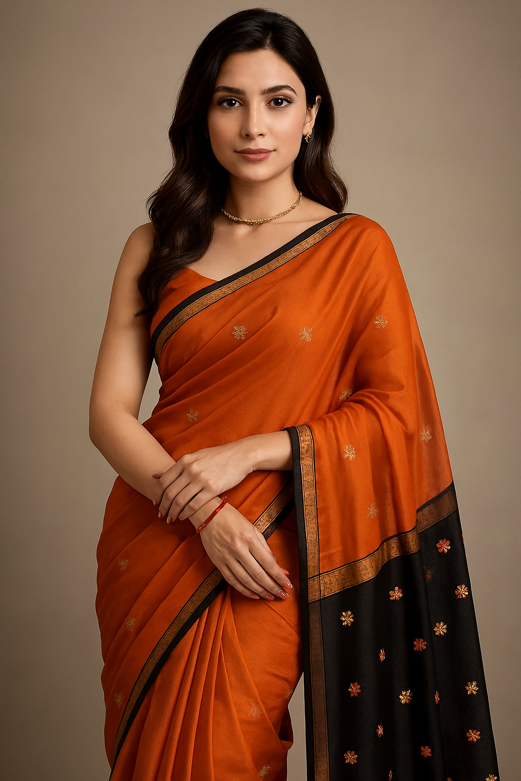 Traditional Banarasi zari saree in elegant orange with golden tones