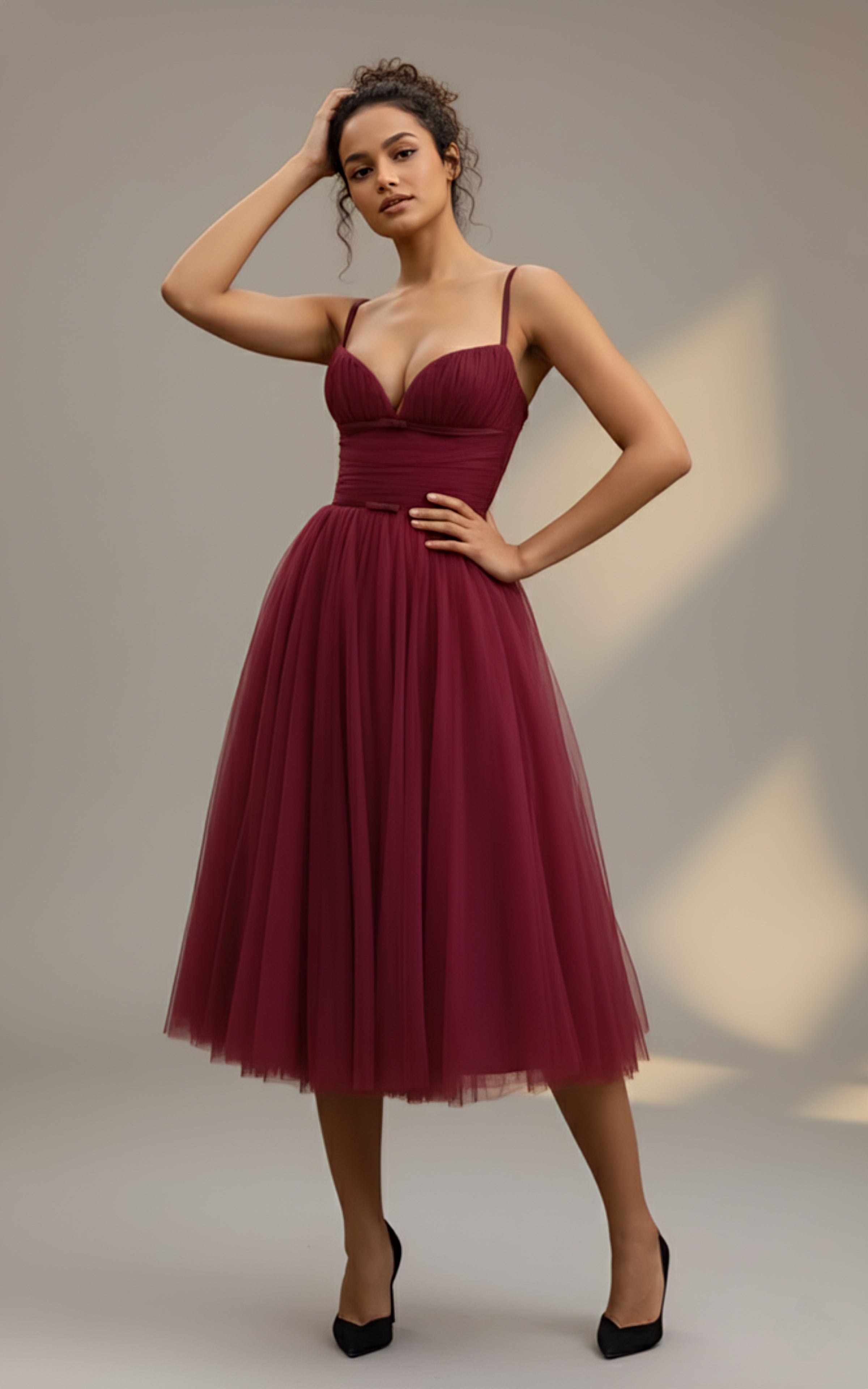 Maroon Sweetheart Neck Fit & Flare Midi Dress
