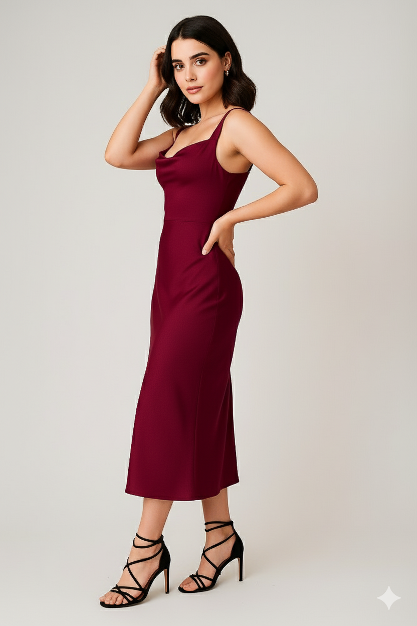 Magenta Satin Silk Maxi Dress with Cowl Neck