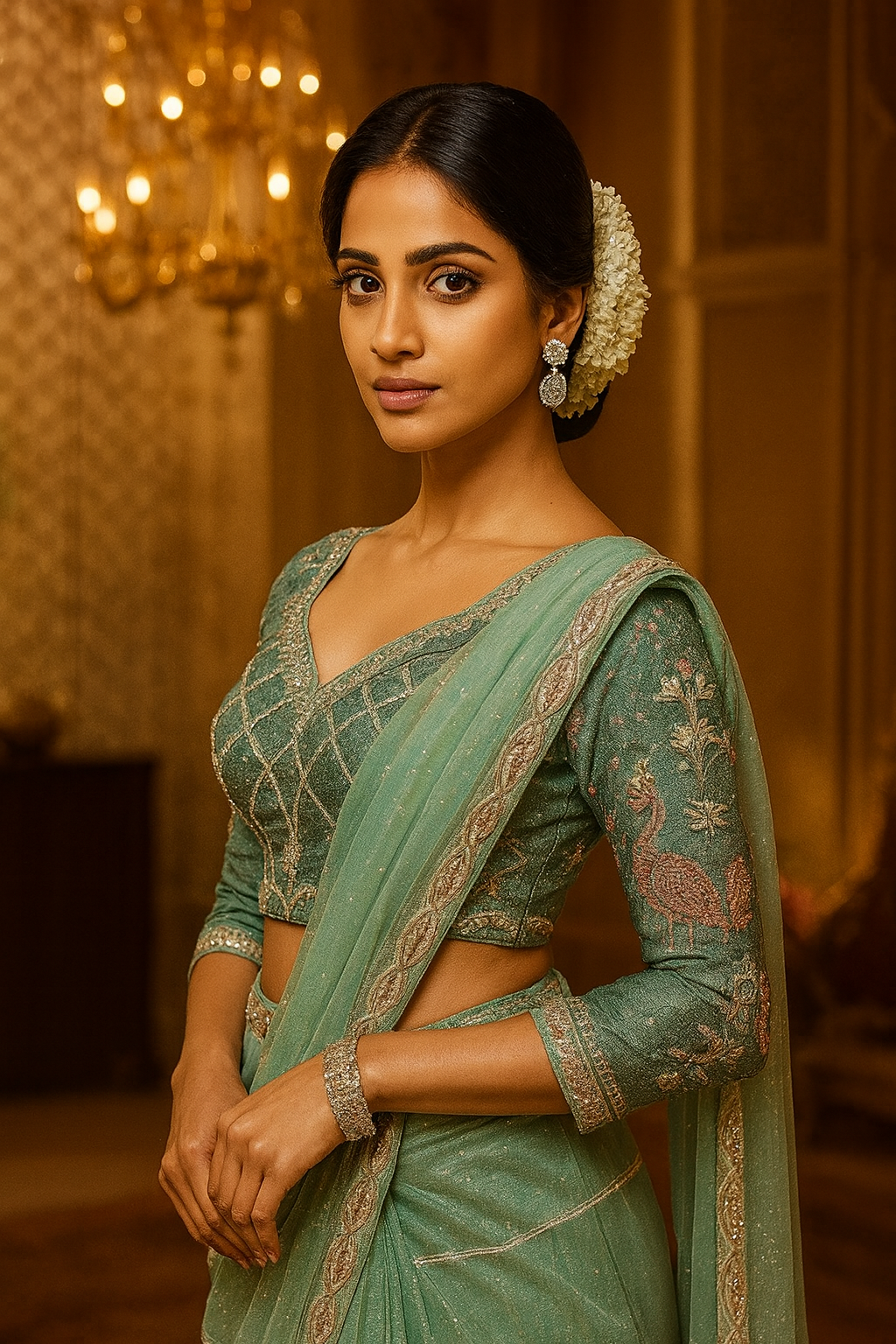 Pearl Embellished Net Saree with Embroidered Blouse Piece