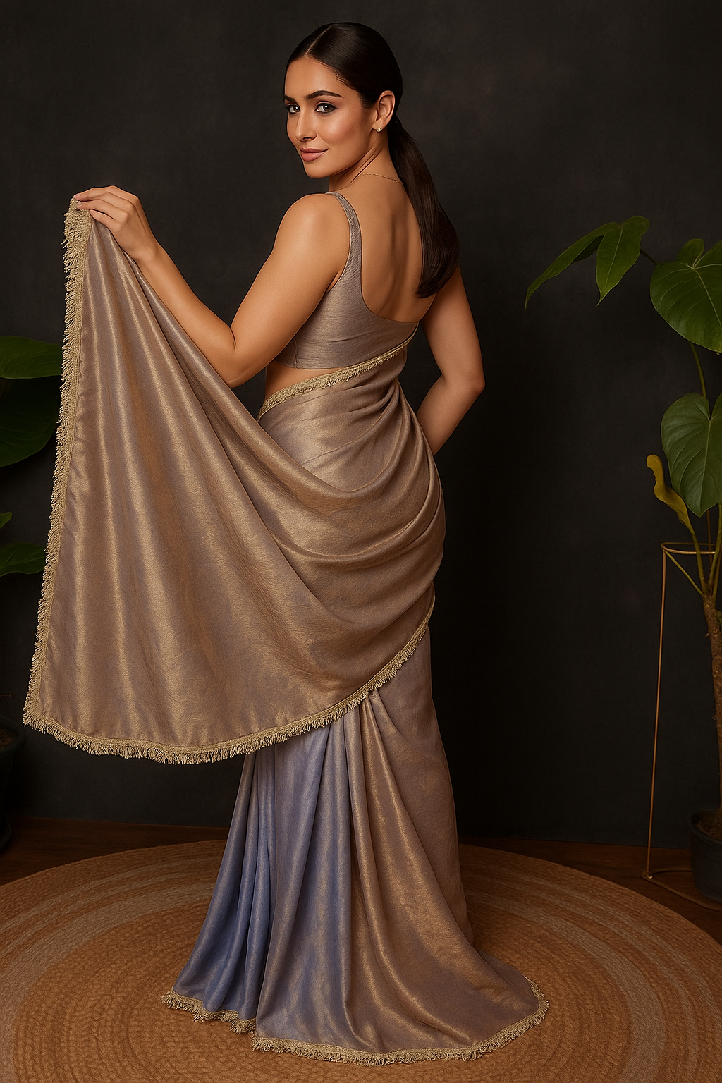 Gunmetal Blue Solid Tissue Saree with Unstitched Blouse Piece