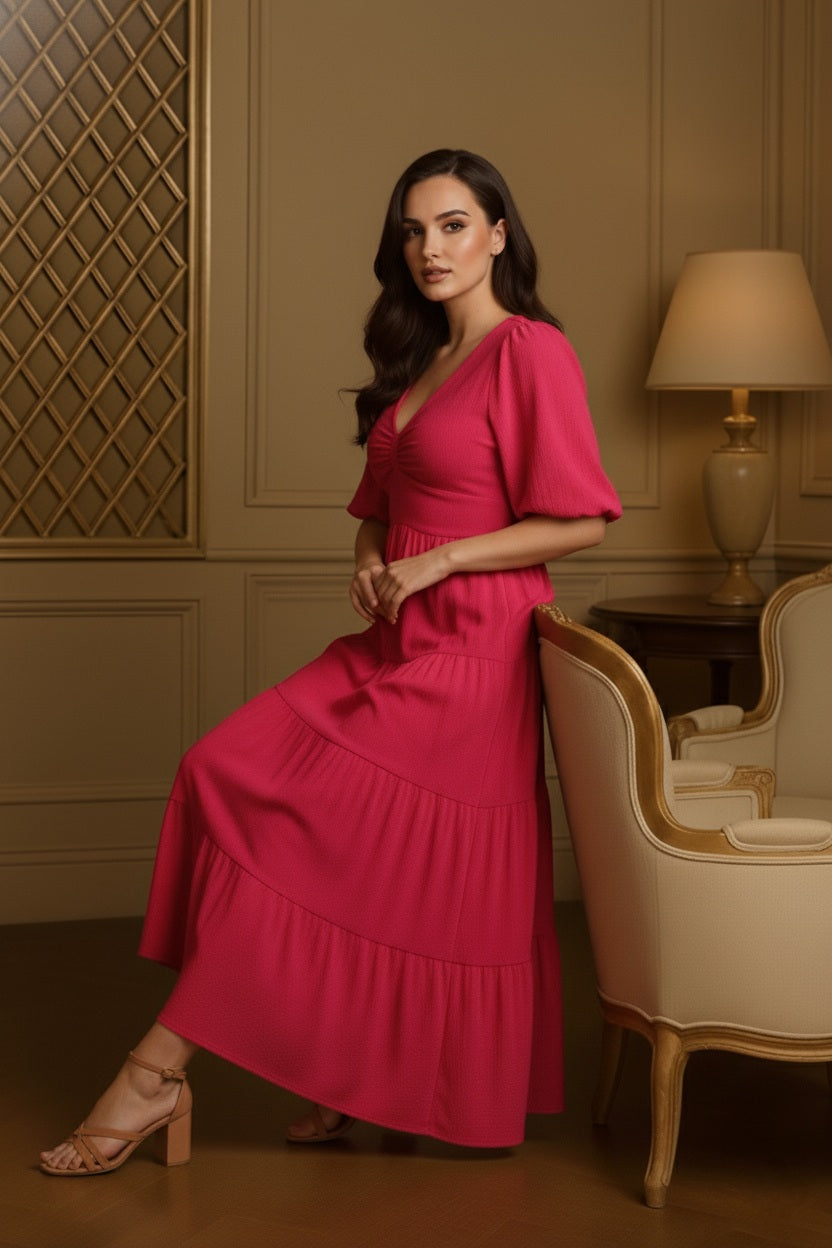 Elegant Pink Checked Cotton Fit & Flare Dress with Balloon Sleeves