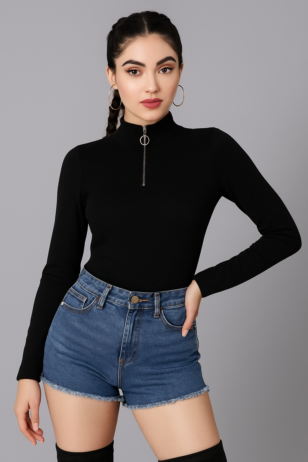 Stylish Solid Black Ribbed Polyester Top with Zipper Neck & Full Sleeves