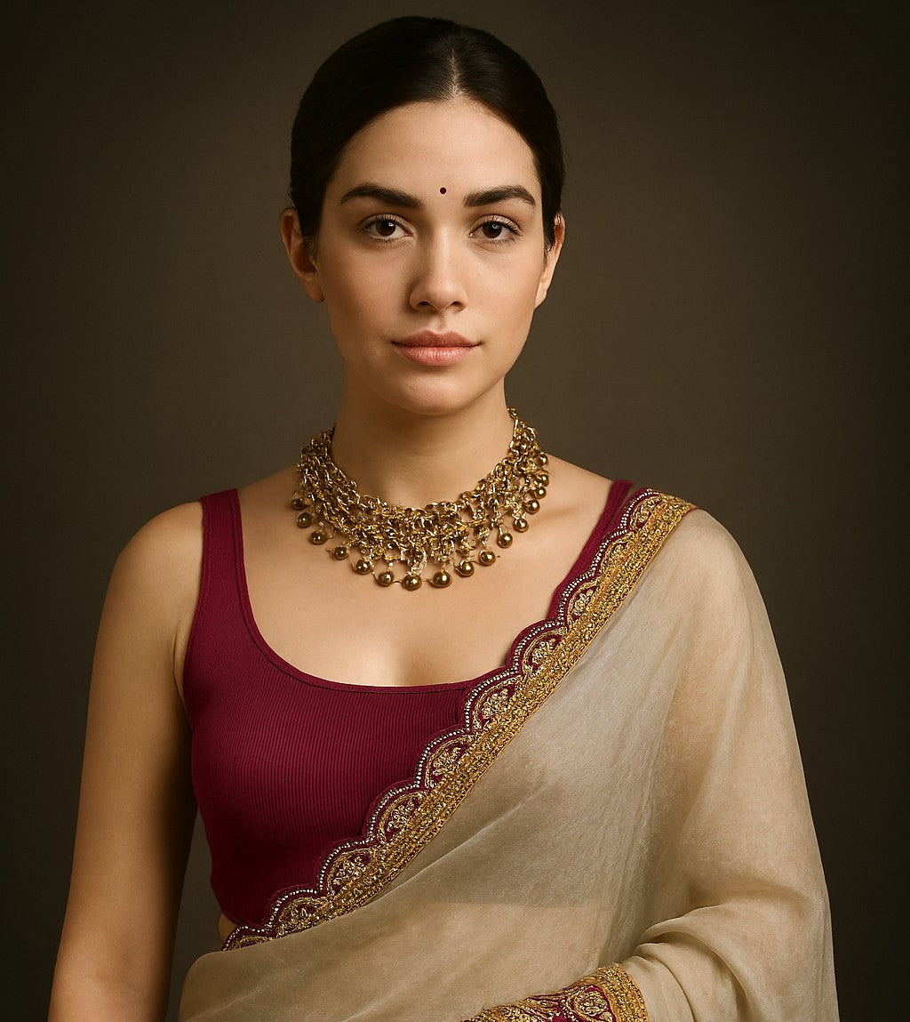 Elegant Organza Saree with Maroon Embroidered Border & Matching Blouse