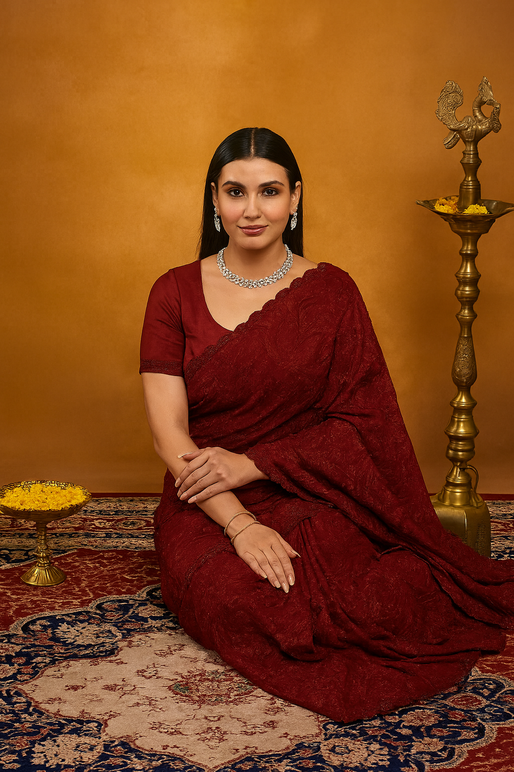 Crimson Red Pure Georgette Saree with Intricate Floral Embroidery & Scalloped Border