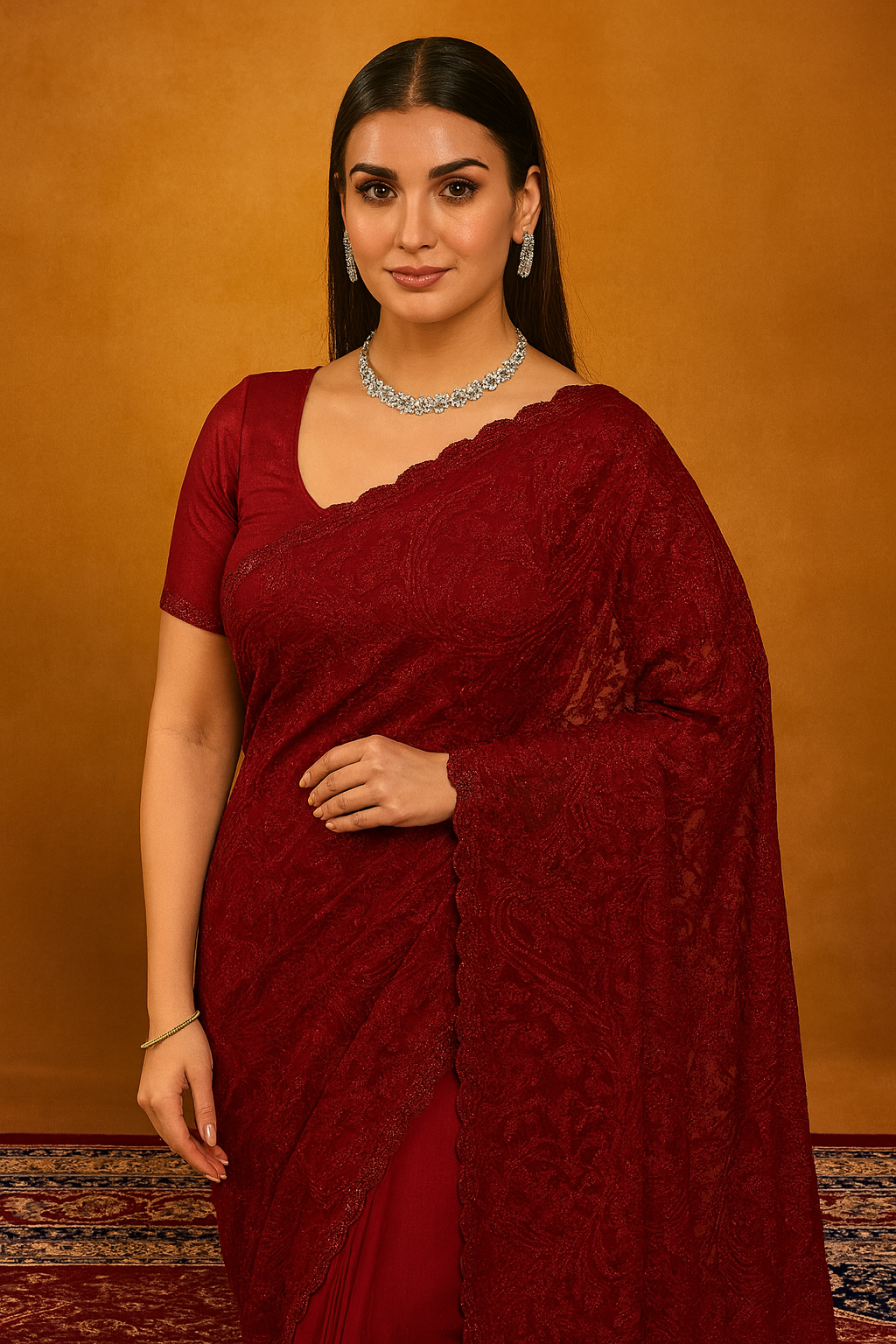 Crimson Red Pure Georgette Saree with Intricate Floral Embroidery & Scalloped Border