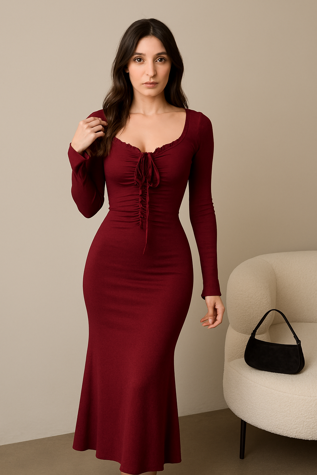 Women’s Wine Red Bodycon Maxi Dress with Ruched Front & Long Sleeves
