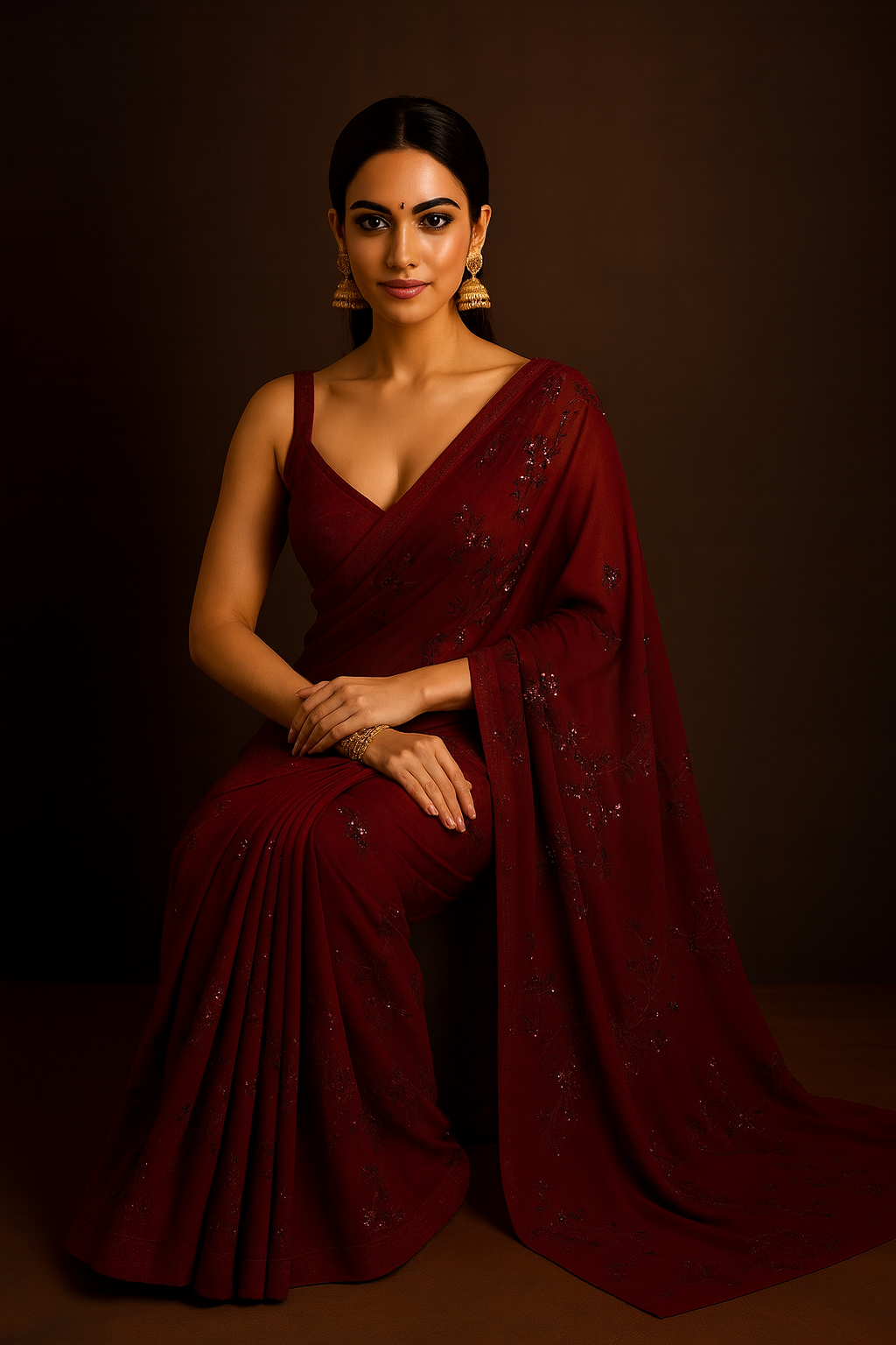 Maroon Pure Georgette Sequin Embellished Saree with Satin Blouse Piece