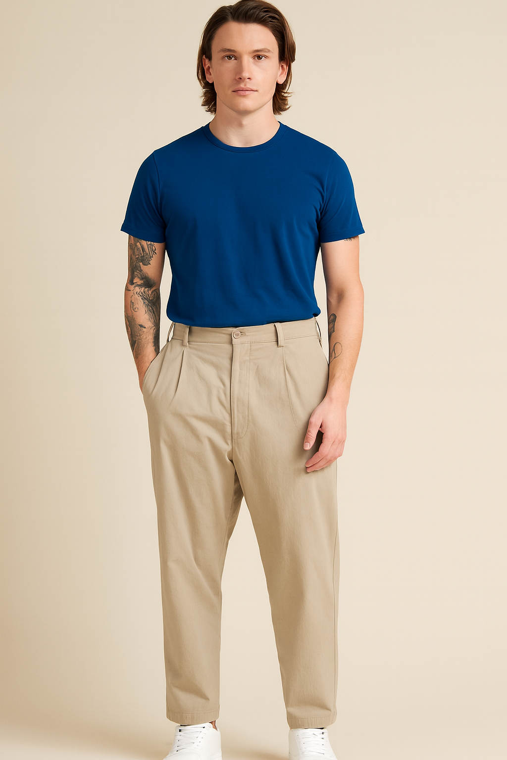 Beige Relaxed Fit Cotton Blend Trousers