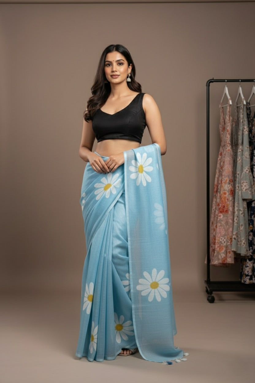 Ethereal Bloom Handloom Cotton Saree with Bangalori Silk Blouse