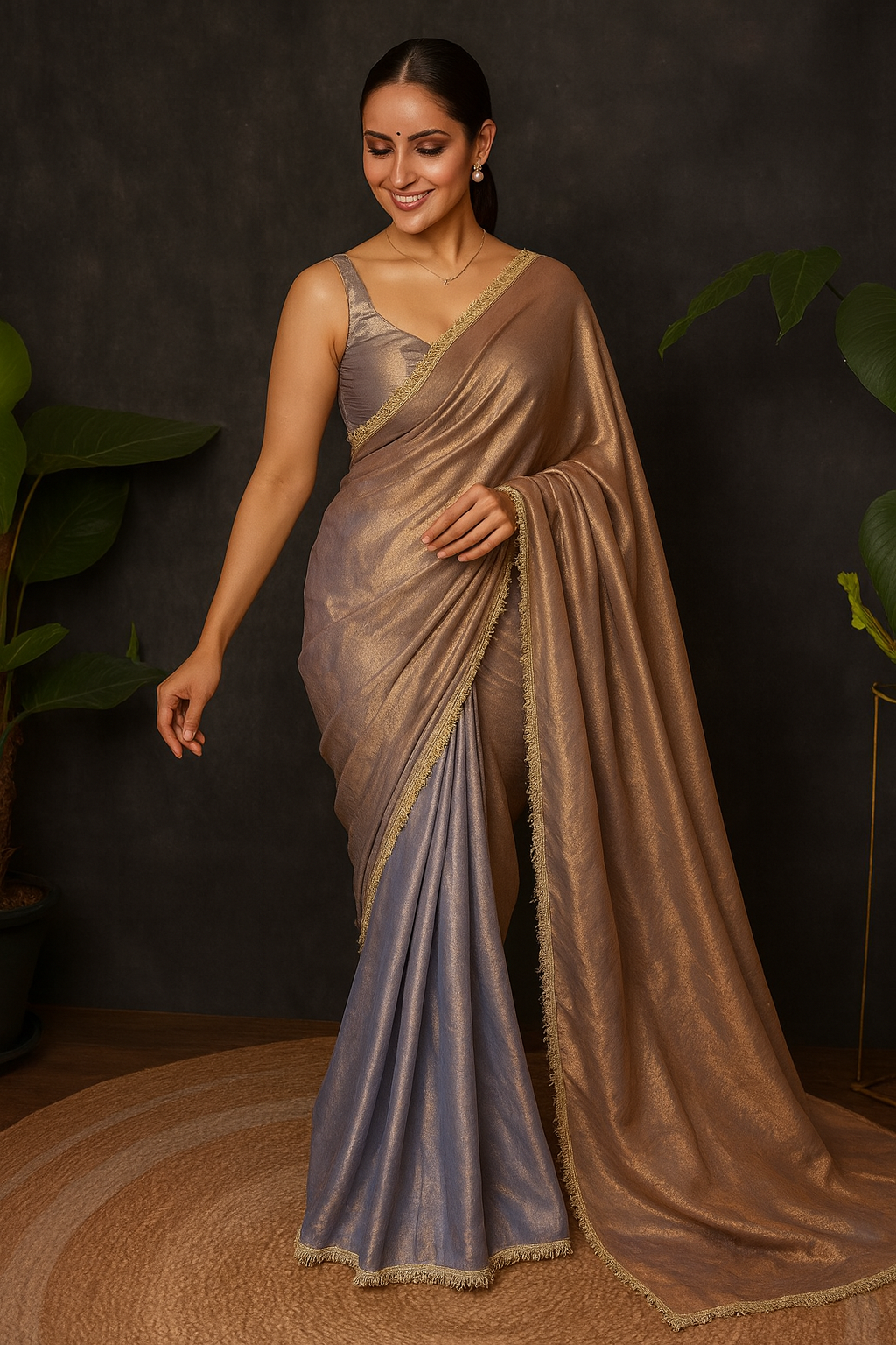 Gunmetal Blue Solid Tissue Saree with Unstitched Blouse Piece
