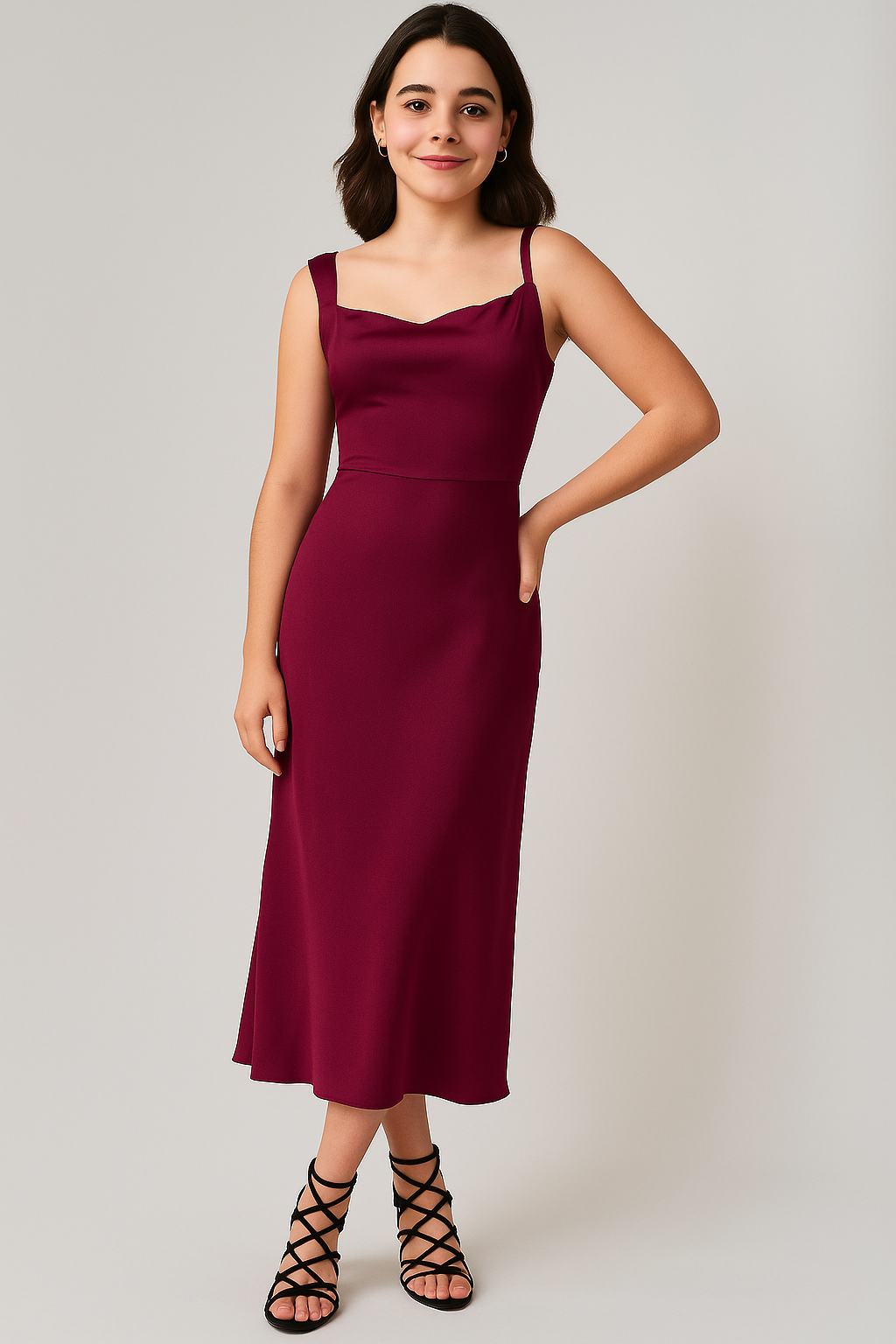 Magenta Satin Silk Maxi Dress with Cowl Neck