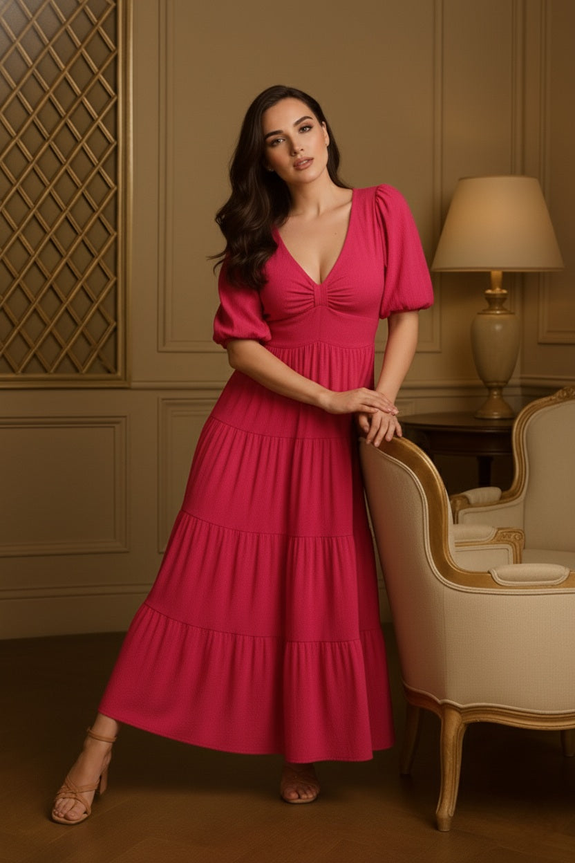 Elegant Pink Checked Cotton Fit & Flare Dress with Balloon Sleeves