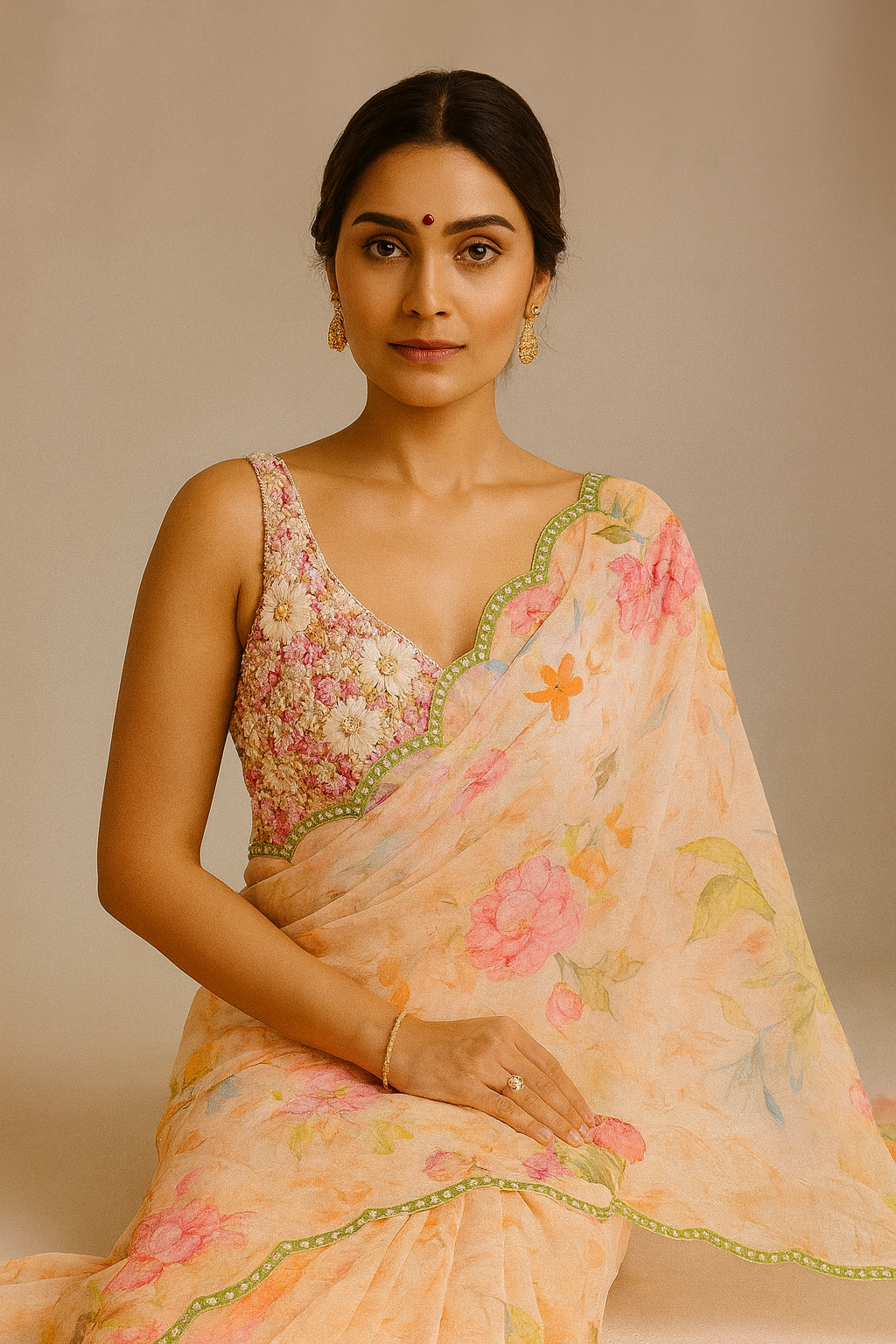 Peach Floral Silk Blend Saree with Embellished Mirror-Work Border