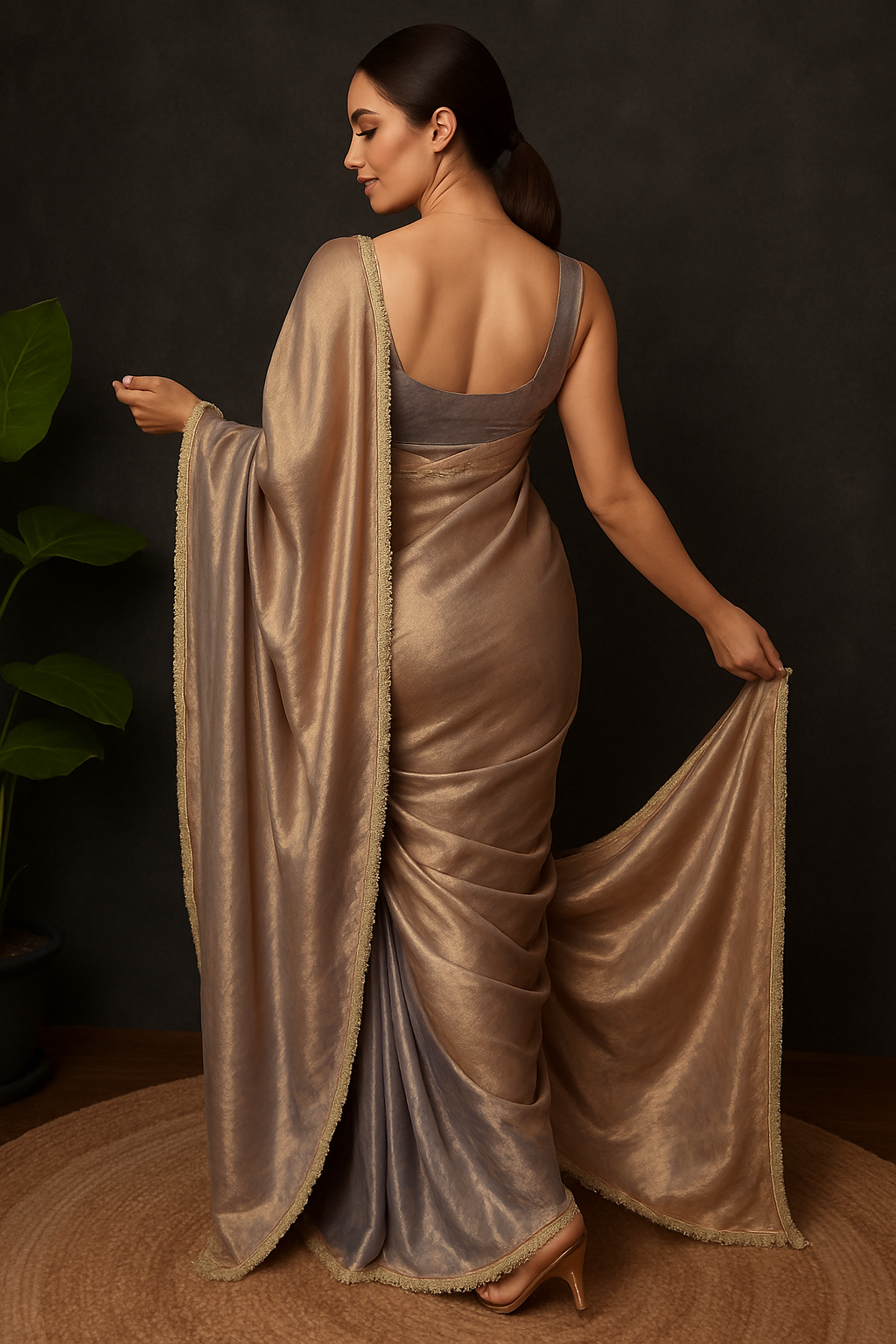 Gunmetal Blue Solid Tissue Saree with Unstitched Blouse Piece