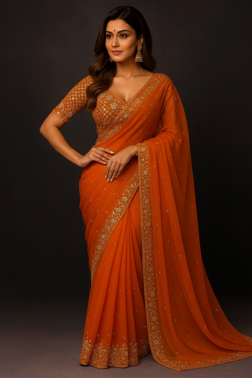 Premium Orange Organza Saree with Golden Sequin Embellished Border