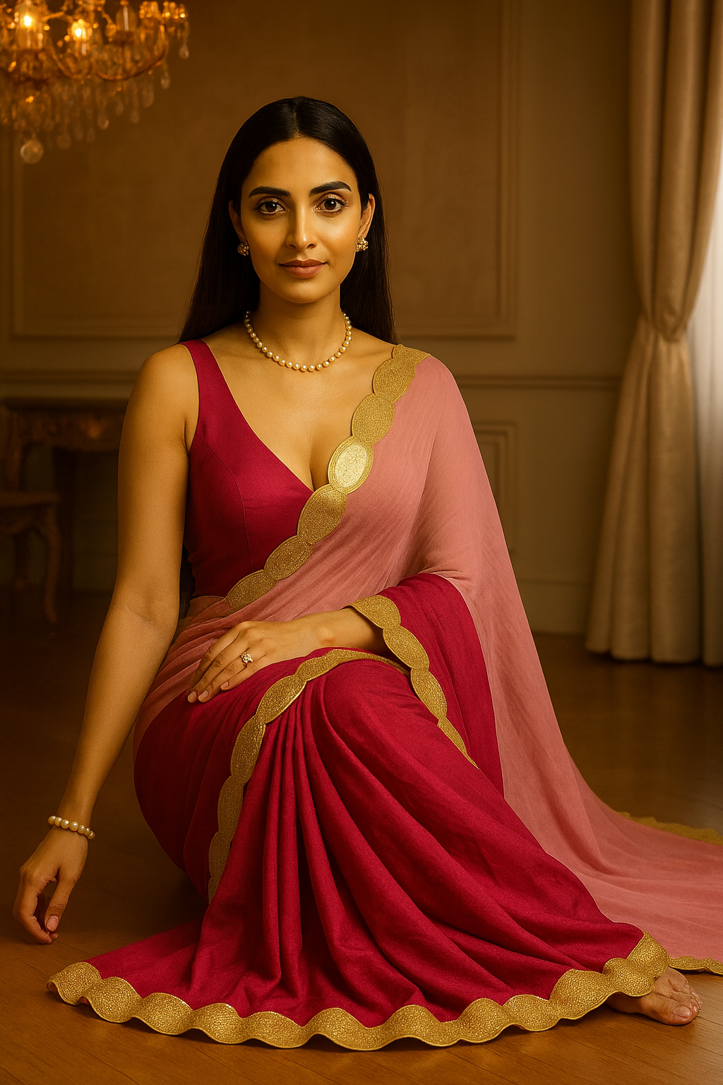 Pink & Rose Pure Chiffon Saree with Golden Embellished Border