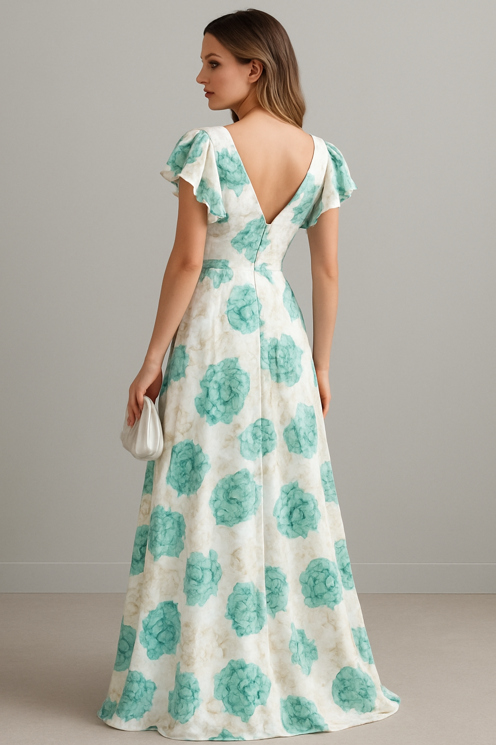 Women’s Elegant Floral Print Maxi Dress – V-Neck, Short Flutter Sleeves, Flowy Fit