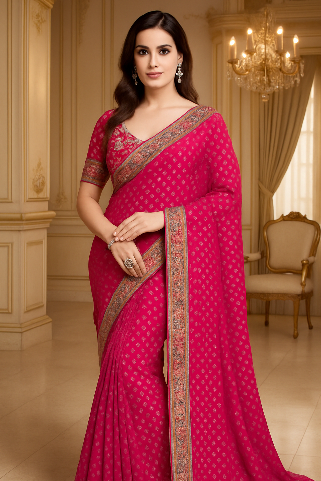 Pink Bandhani Poly Georgette Saree with Embroidered Sequin Border & Unstitched Blouse Piece