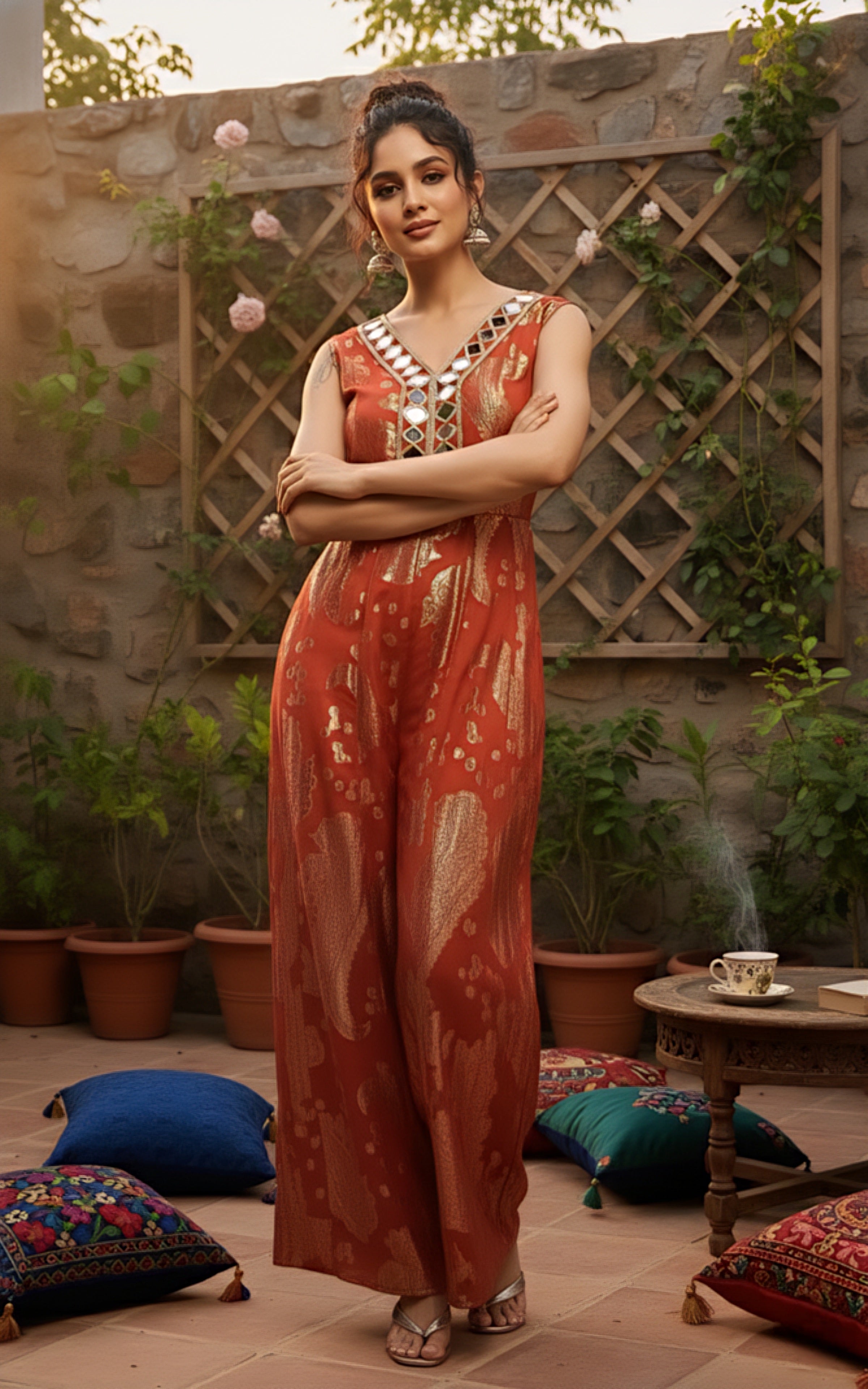 Rust Gold Designer Jumpsuit with Elegant Self Texture