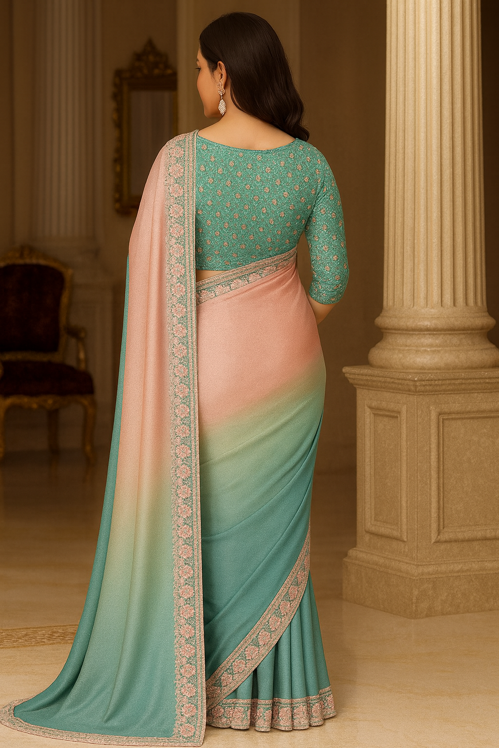 Peach & Teal Ombre Pure Chiffon Saree with Hand-Embellished Sequin Border
